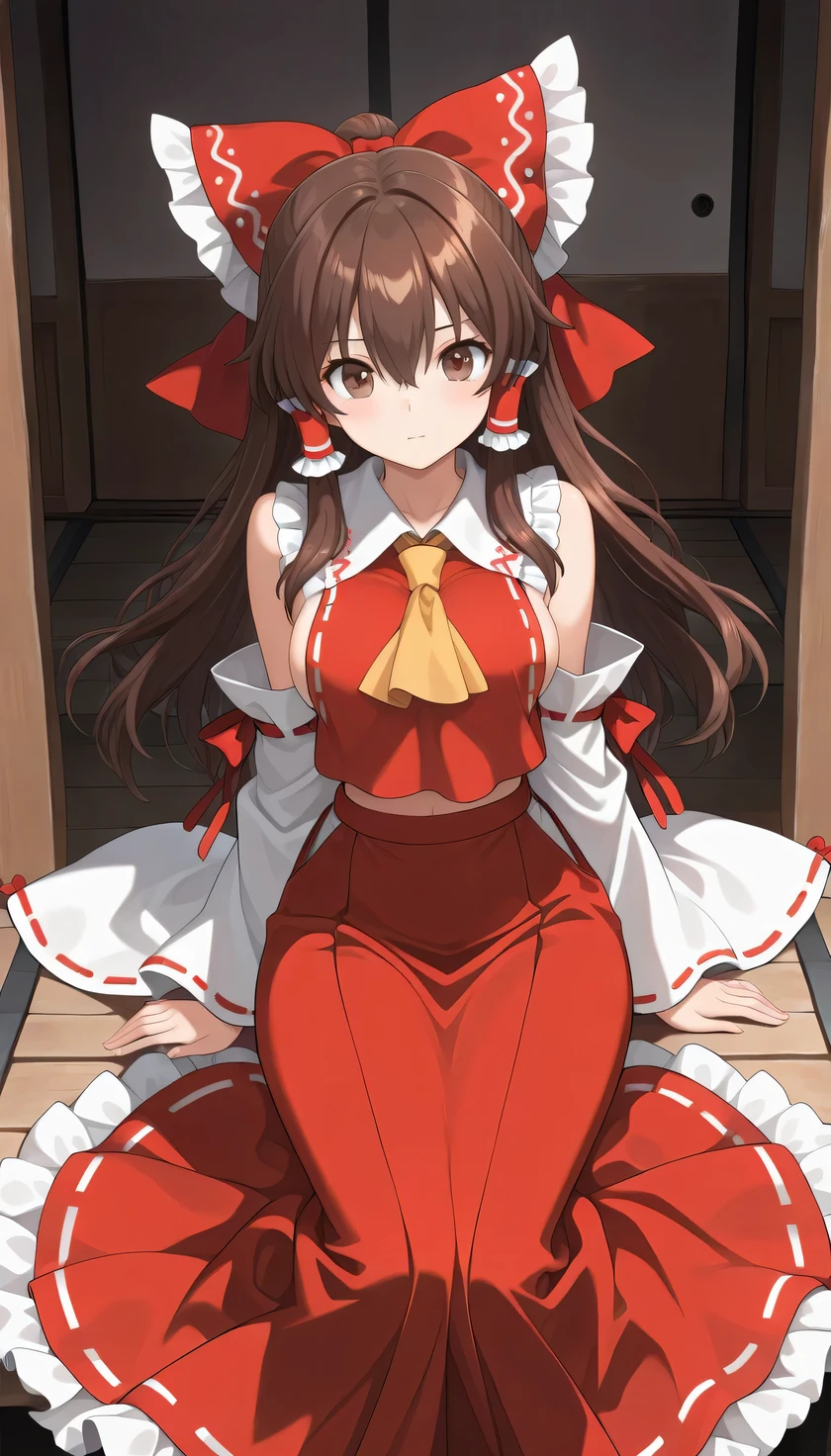 {{{masterpiece}}}, (best quality:1.5), (ultra-detailed:1.5), {illustration}, {{an extremely delicate and beautiful}}, (beautiful detailed eyes:1.5), absurdres, highres, extremely detailed face, 16k, hd, visual anime de uma jovem mulher, extremamente bonito rosto de anime, anime melhor garota, (perfect hands, perfect anatomy), anime face, hakurei reimu(Touhou), 1girl, solo, cute face, long hair, brown hair, hair between eyes, red hair bow, sidelocks, hair tubes, (brown eyes:1.3), medium breasts, big hips, curvaceous, BREAK, miko, red shirt, white collar, yellow ascot, sideboob, detached sleeves, wide sleeves, white sleeves, ribbon-trimmed sleeves, red skirt, (long skirt:1.3), frilled skirt, white frills, white socks, black shoes,
