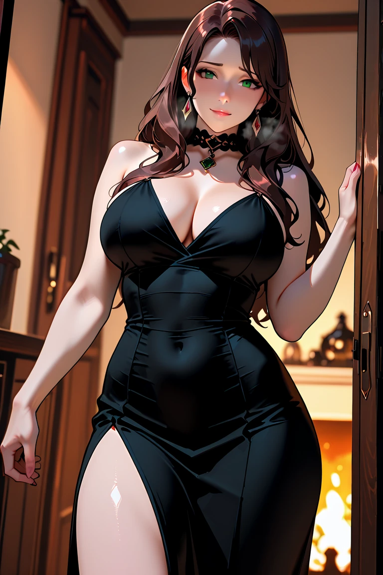 ultra realistic 8k cg, masterpiece, ((ultra detailed background, intricate detail, highly detailed, fine details best quality, hyperdetailed face)), gigantic breasts ,beautiful lighting, absurdres, BoaHancockV2, 1girl, solo, (red hair : 1.1), long hair, jewelry, closed mouth, ), cleavage, minidress, bare shoulders, curvy, midriff, curvy, thighs, shiny clothes), blue eyes, complex detailed background, indoor, palace), ((cowboy shot)), curvy, (gigantic breasts: 1.4), seductive smile, cowboy shot,, earrings, jewelry