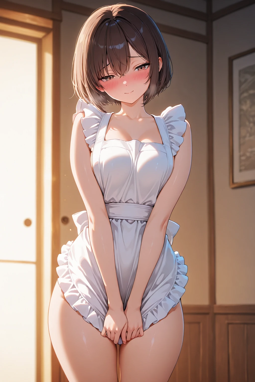 blonde, short hair, girl1, in the Living room, sofa, upper body, completely nude, (small nipples:1.2), (small areolas:1.2), kawaii, cute, pale purple eyes,(shy), (blush),light smile, (White nude apron lift:1.3),