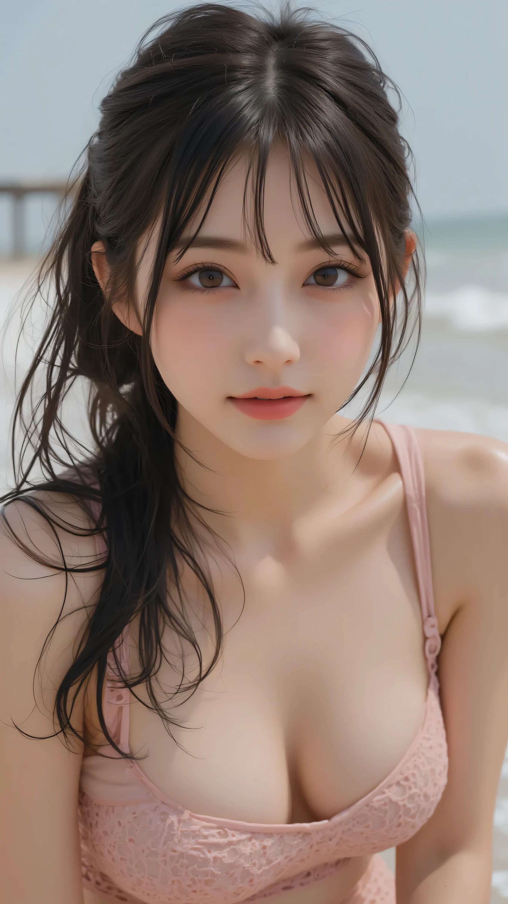 masterpiece、1 beautiful girl、 (reality: 1.4), Japanese、Asian Beauty、so beautiful、Beautiful Skin、thin、(Upper Body)、(super reality)、(High resolution)、(8K)、(Very detailed)、(Beautiful details)、(Very detailed)、(Detailed eye depiction)、Big eyes、Brown eyes、Long eyelashes、Detailed face、Gloss Lip,Bright lighting、Professional Lighting、Looking into the camera、Serious expression、Look straight ahead、Long Hair、Brown Hair、Sea view、Nogizaka idol、actress、20-year-old、(Big Breasts)、Wet Skin、silver latex suit、Cleavage cutout、Baby Face、Moist and realistic skin texture、Moist lips、Natural Shadows、(Please raise your hand),Browsing Caution,