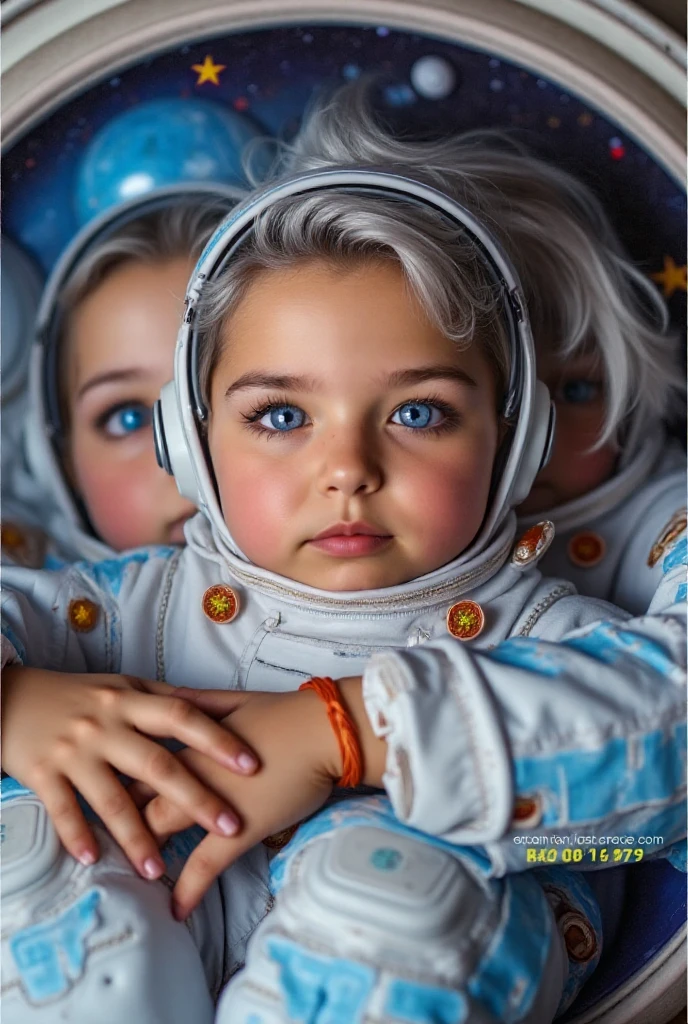 em frente a uma luz azul, beautiful girl RUSSIAN CHILD BLONDE HAIR hairbun, olhos brilhantes, olhos perfeitos, 10 anos. numa superficie lunar, com roupa de astronauta