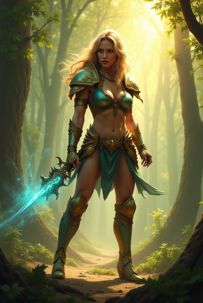 A beautiful scarlett female warrior in a magical bikini posing on a rock in a magical forest, highly detailed and realistic face, beautiful detailed eyes, fantasy art, in the style of Artgerm, illustration, epic, fantasy, intricate, hyper detailed, artstation, concept art, smooth, sharp focus, ray tracing, vibrant,