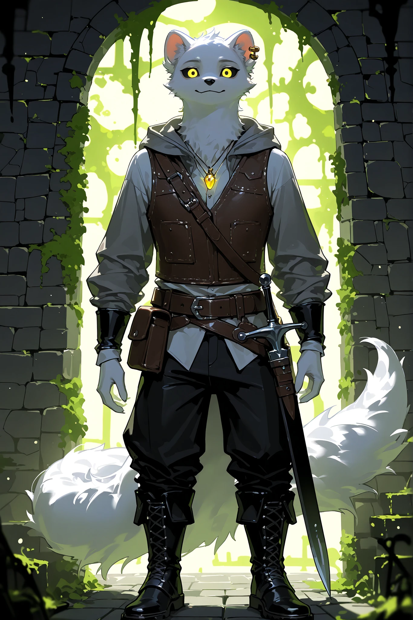 (1 character Male white furry weasel) He has white ears and a weasel tail. He has a skinny athletic male physique. He has pale white skintone. He has ash-grey short fluffy hair. He has ivory eyes. he dressed in his classic outfit: a loose-fitting shirt with long sleeves,short leather vest, trousers,hip-high boots, a belt with a pouch and a shoulder strap with scabbard for his dagger-blades. He has a pendant around his neck and a gold earring in his ear. He has a grey hooded
coat with scarlet lining on his shoulders. He always carries equipment with him: mini stilettos, and sword. (In the background: a medieval fantasy world , old dungeon maze, it's stone walls are covered with moss and illuminated by torches.)