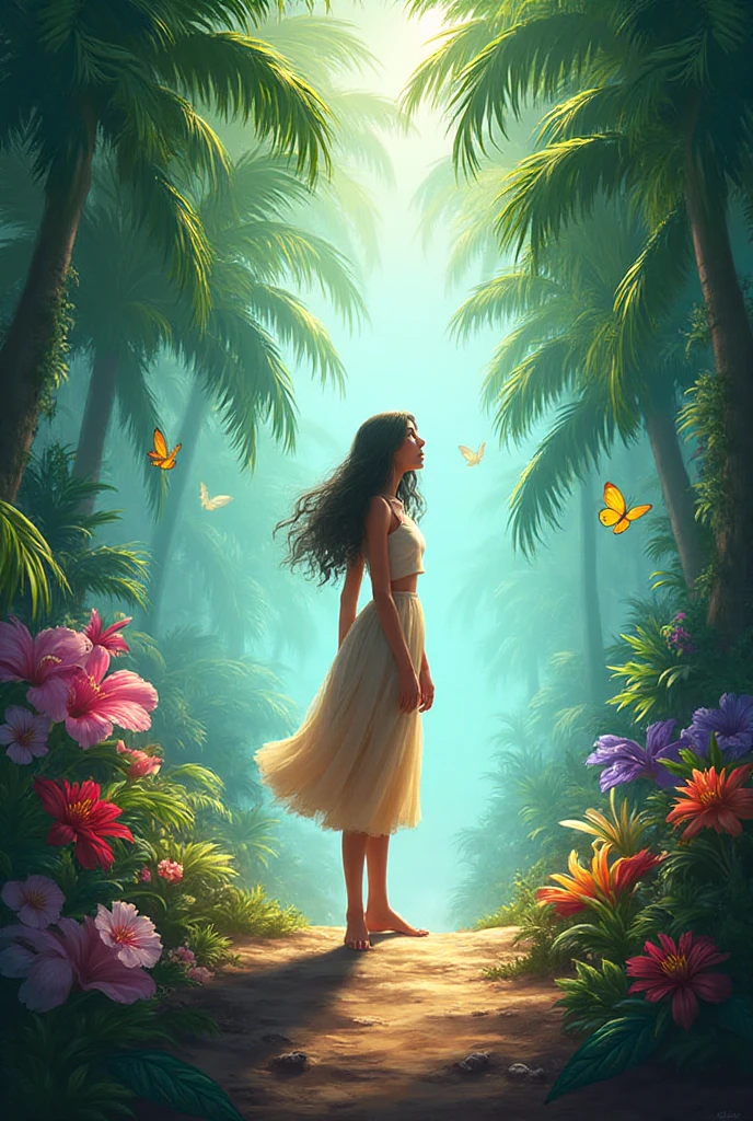 girl casting mystical glowing spells in fantasy rainbow forest