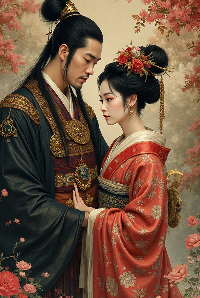 ((top quality)), ((masterpiece)), (details), （perfect face）、The dark-haired Ishihara Satomi is young, beautiful, and has excellent proportions, a gorgeous, and glittering  red Hanfu bridal dress, a majestic bearded middle-aged man on a gorgeous throne happily hugged by a Chinese emperor man, a majestic bearded man, a middle-aged Chinese emperor, a couple hugged and in love with each other