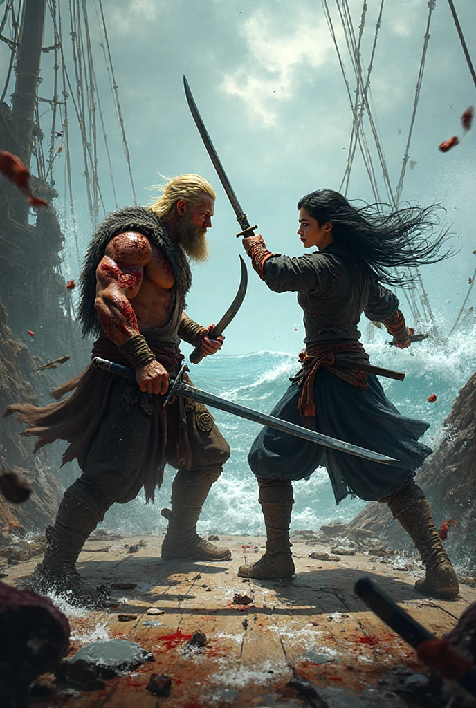 Black Viking left arm tattoo design, a full body muscular viking man and beautiful woman 
, muscular legs, holding big sword with right hand, brown hair divided with bangs, perfect realistic blue eyes, wearing warrior leather shoes, wearing warrior boots, lake and mountains in the background.
