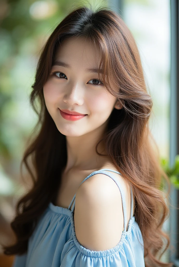 8K, Ultra-high resolution, Highest quality, masterpiece, 三分割法によるphotograph,Surreal, photograph, 1 girl, (16 years old:1.3), pretty girl, Cute face, Beautiful eyes in every detail, 細かくdetailedに,masterpiece,, One Girl:1.2, Japan Female Announcer,whole body,Young Wife,Girl with her back to the camera, Blue atmosphere dusk, Field, forest、Full of cleanliness,A carefree smile,Healing the heart,Semi-long layered hair,Looking at the audience、beauty,Long neck、Laugh a little、Please close your mouth and laugh、(((Ideal body type))),A-cup small breasts :2,、Portraiture:2、Perfect 、鮮明なdetailed、detailed、Surreal、Light and shadow,Strong light