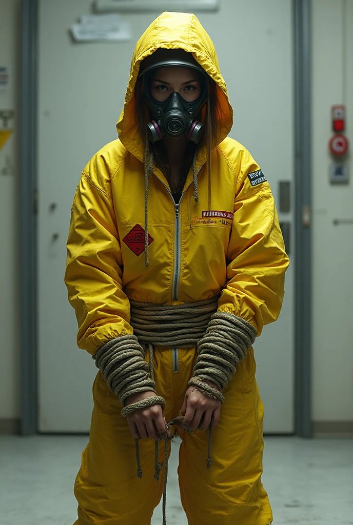 japanese glamorous girl, (behind , gas mask), holding knife, stabbing, black gloves, room , black raincoat, hood up, holding knife, black gloves, behind , blood splatter, black wet suit, night, mass murderer, robbery, dark atmosphere, cinematic lighting, atmospheric realistic,
