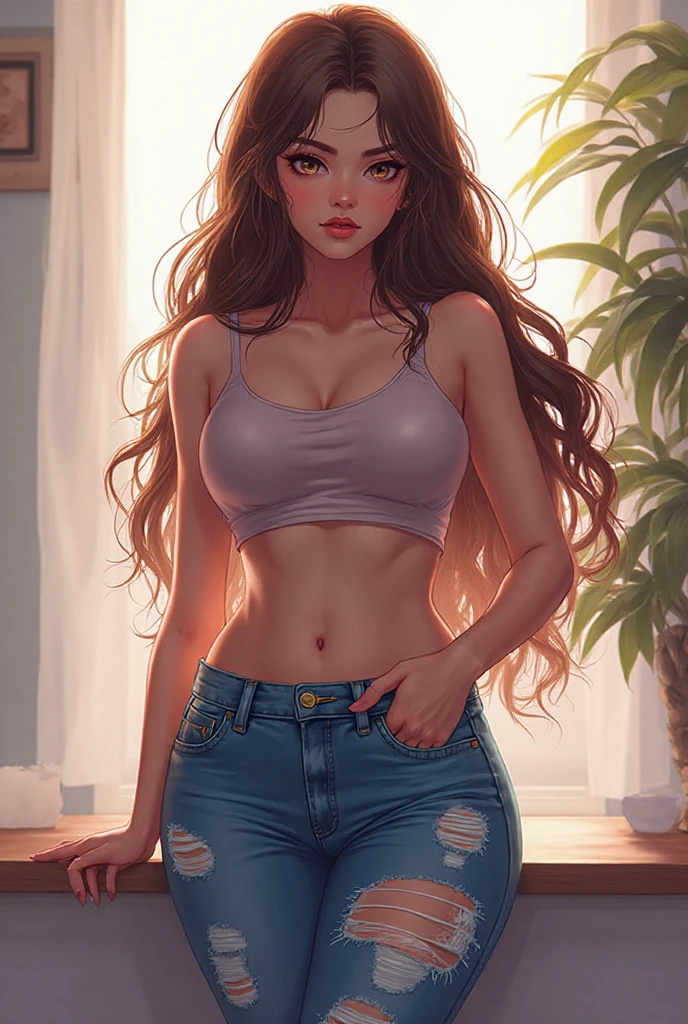 Realistic curly-haired girl in leggings with a bralette with a gorgeous face and cubby cheeks and little slim with a seamless beauty