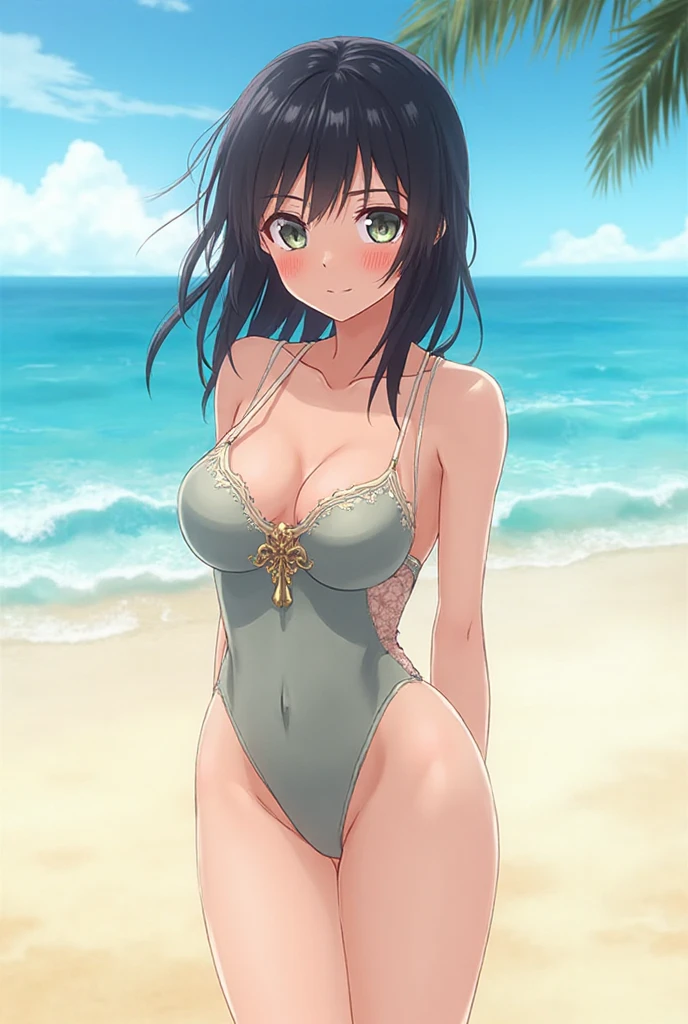 masterpiece, best quality, 1 girl, kinomoto sakura, brown hair, long hair, straight and loose, green eyes, school swimsuit, hands behind head, swimsuit, smiling, naughty face, alone, looking at viewer, sea, sand, blue sky, tropical island background, on the coast, sticking her ass out, sexy position, alone, outdoors, blue sky, park background