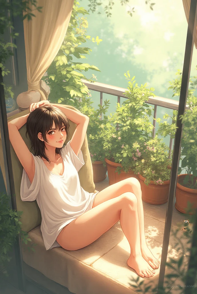 Exquisite (slim) a thin, tender girl of 16 years old with a perfect gentle face of the southern type (with short dark burgundy hair) with freckles (with ruby earring) in the rays of the rising sun, naked with tender bare breasts with pink swollen nipples ((barefoot)) ((in an unbuttoned open burgundy shirt over a naked body and in small burgundy panties)) (on the veranda in the garden) Drinks ((coffee)) and looks at the flowers, in watercolor style, discreet light shades, Flares, (imitation of film photography), against the sun, a lot of sun glare, light fills the frame, olive and grape groves, strong wind, Brick Road, high image quality, Maximum detail, sunset lighting, Warm evening shades, (warm golden and olive sunset light), big space eyes, olive and grape groves, Brick Road, ((чашки с coffee и coffeeйники у домика)), (brick house), (coffee)