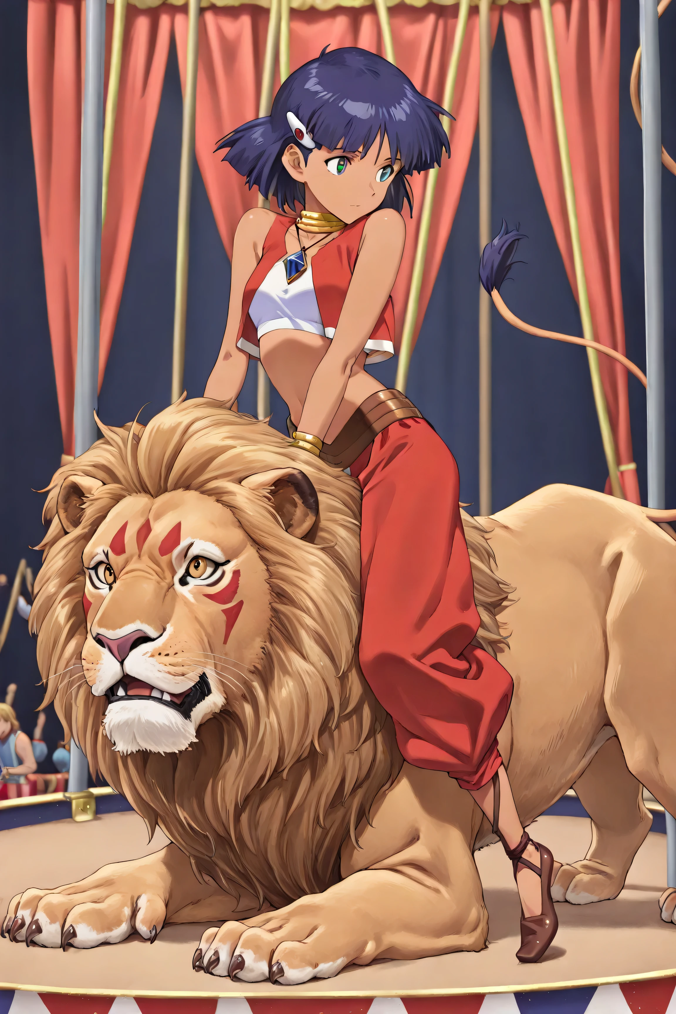 (1 girl:1.4),(masterpiece,best quality:1.4),8k, ((High Detail)), absurdres, 綺麗な陰影, 熱狂的,
アニメ調, nadia \(fushigi_no_umi_no_nadia \), circus
, She's riding a lion.