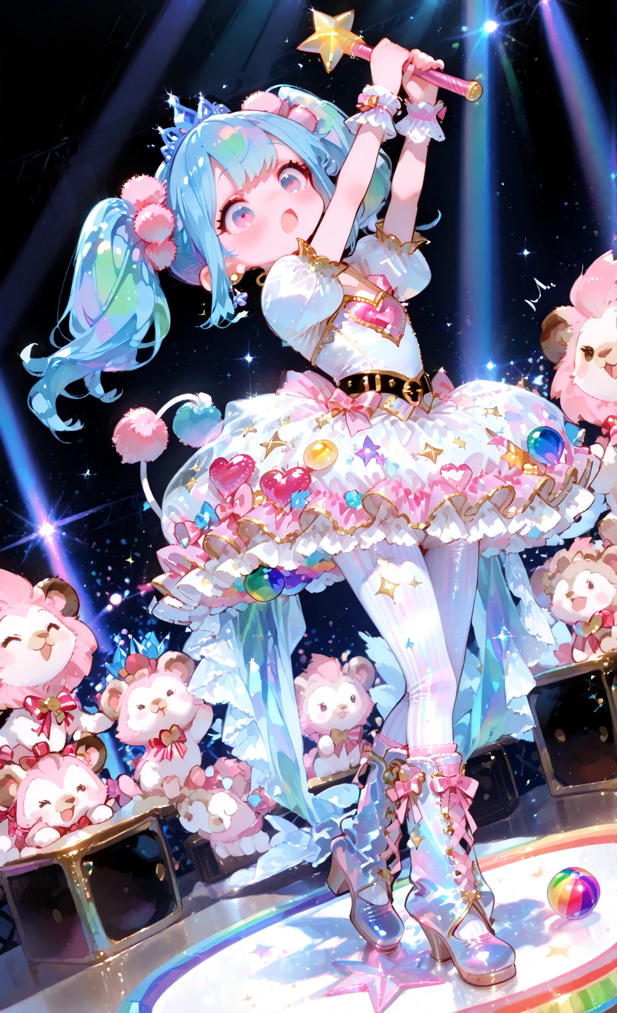 masterpiece, best quality, high resolution, photography , ultra highres, tiny circus princess, super cute style, blue pigtails, crystal tiara, pink pompom performer outfit, puffy short sleeves, heart-shaped sequins, frilly tutu skirt, white and gold striped tights, sparkly ballet boots, gold trim details, star-studded belt, matching wrist cuffs, balancing carefully on rainbow ball, holding star baton, surprised face, blushing, chibi lion cubs dancing, baby bears with balloons, little birds with ribbons, sparkly stage lights