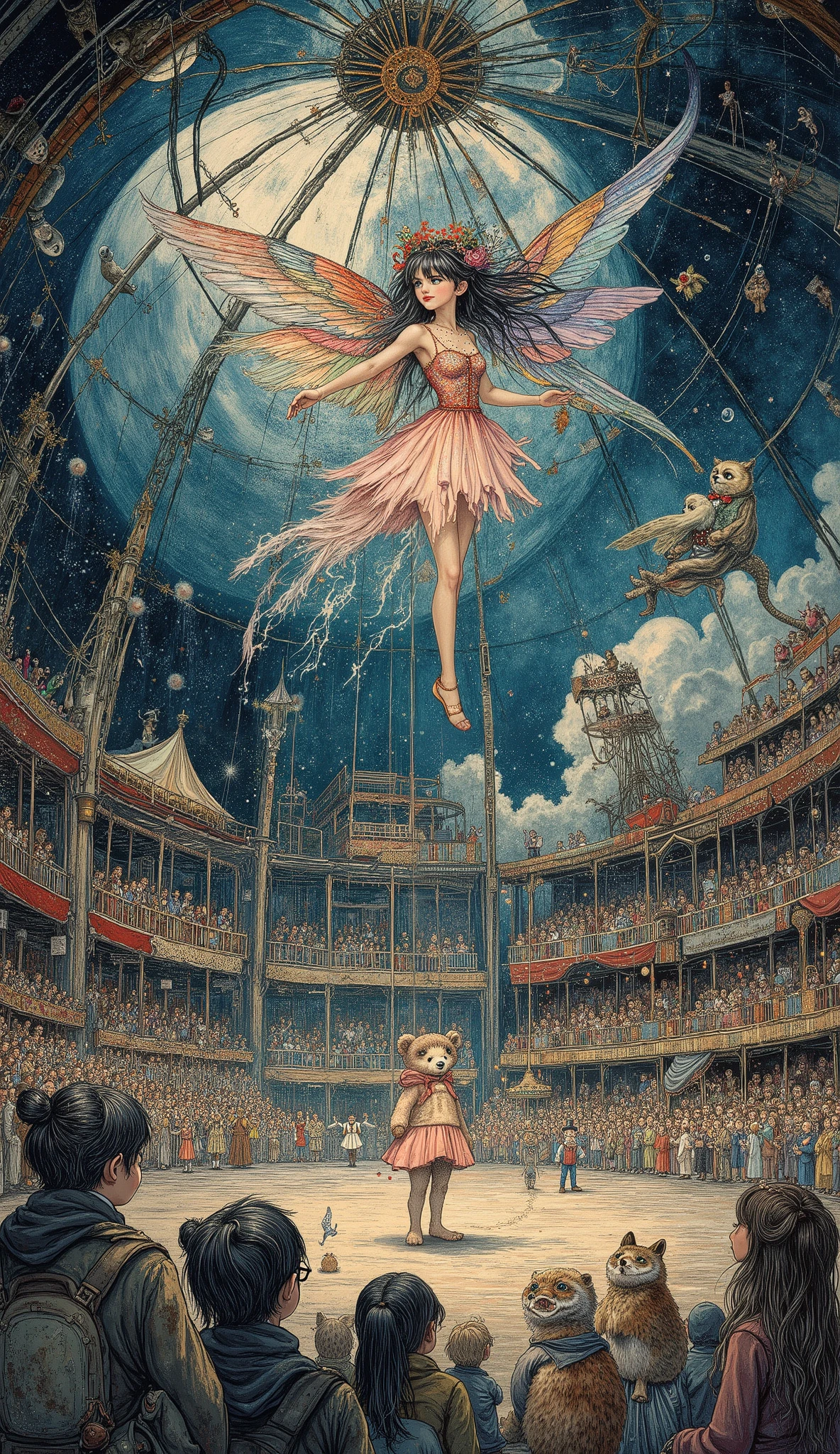 Wide view, spectacular view, magical night circus under a huge dome. In the center of the arena, an acrobat fairy with wings of iridescent silk and stained glass gracefully hovers in a leap on the thinnest web of moonlight woven between two flying swinging candlesticks. Her costume shimmers like stardust, and behind her stretches a train of sparkling magical sparkles. Above her, on a rickety tower of playing cards, a teddy bear in a tuxedo and a top hat is juggling rainbow soap bubbles that won't burst. Below, on the velvet parapet, a crowd of fascinated animal spectators: a fox in a raincoat, a raccoon in a vest, owls in glasses — all froze in admiration, their muzzles illuminated by the reflections of magic. The air is filled with floating confetti in the form of stars, gold dust and a sense of wonder. Lighting: dramatic, contrasting, scenic spotlights and soft neon light from fireflies in glass balls. Style: detailed fantasy illustration, cinematic quality, atmosphere of Hayao Miyazaki and Diana Wynne Jones fairy tales. --ar 16:9 --style raw --stylize 250