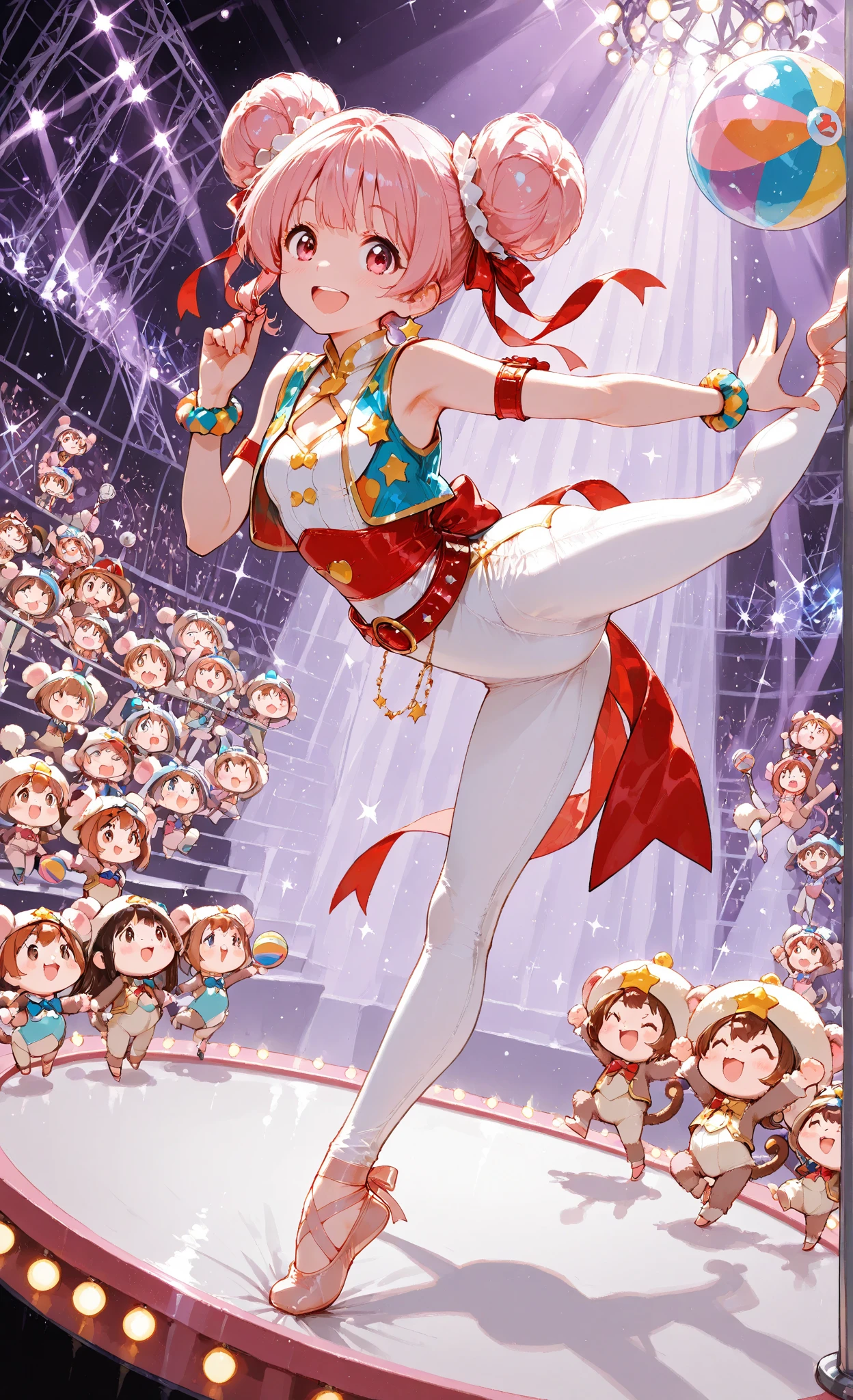 masterpiece, best quality, high resolution, photography , ultra highres, chibi acrobat girl, round cute design, white and gold unitard, star-studded vest, red sash belt, sparkly arm bands, ballet slippers, twin buns with ribbons, rolling on giant colorful ball, twirling silver baton, excited expression, tiny circus animals watching, monkey orchestra playing, magical stage lights