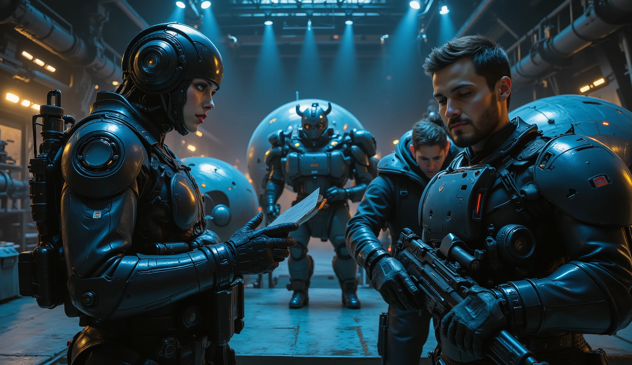 16k film still, Section 9 cybersecurity team in futuristic hangar, female cyborg commander in tactical outfit reading holographic report with stern expression, burly man with cybernetic eyes repairing spider-like blue robot tank, younger detective in suit cleaning high-tech rifle, 3 sentient AI tanks with distinctive eye cameras in background, cyberpunk technology throughout hangar, cool blue ambient lighting with warm spotlights, detailed mechanical designs, cinematic wide-angle composition, high contrast, volumetric lighting, pristine detail