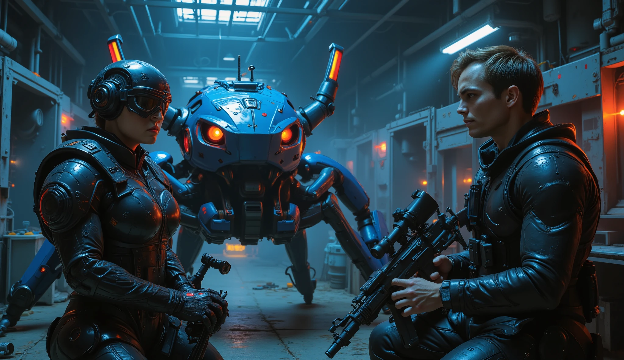 16k film still, Section 9 cybersecurity team in futuristic hangar, female cyborg commander in tactical outfit reading holographic report with stern expression, burly man with cybernetic eyes repairing spider-like blue robot tank, younger detective in suit cleaning high-tech rifle, 3 sentient AI tanks with distinctive eye cameras in background, cyberpunk technology throughout hangar, cool blue ambient lighting with warm spotlights, detailed mechanical designs, cinematic wide-angle composition, high contrast, volumetric lighting, pristine detail