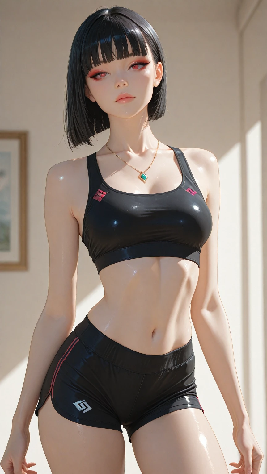 Have a condom、Deep neckline wet sports bra standing in school gym、clothes wet with a lot of sweat、((Sharp jawline))Perky 4k realistic beautiful 10 year old Japan sweaty girl((full body including legs))a picture、race,Ultra-precise depiction、Hairstyle is short、Gachiroli、Lori、Bare
