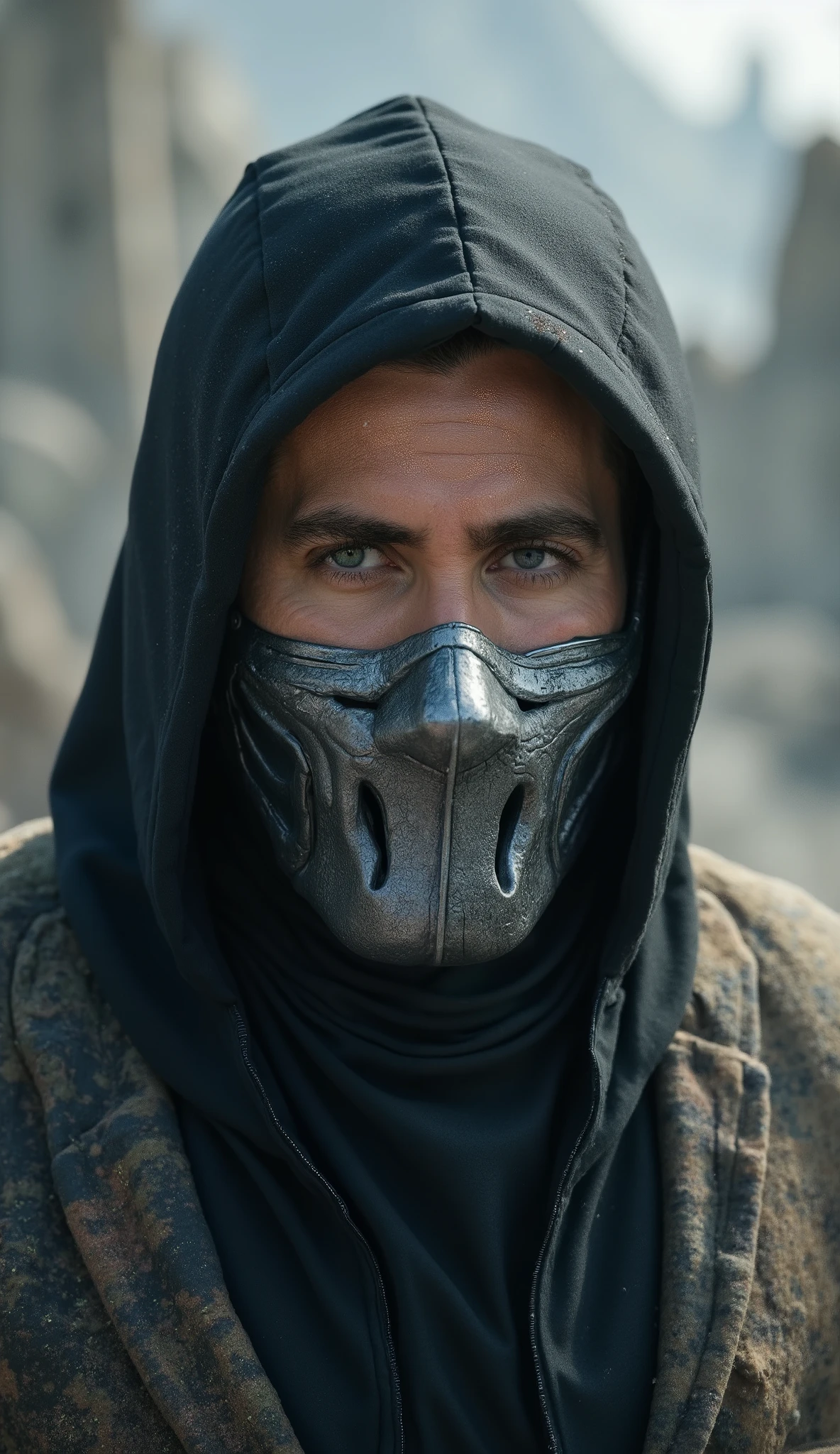 Jake Gyllenhaal close up Smoke de mortal kombat em traje cinza e preto, with silver metallic mask covering mouth and nose, olhos penetrantes. Your body is surrounded by dense smoke and particles shining like ash.
Fundo: ancient ruins amidst fog, cracked pillars and twisted dry trees. Silver light cuts through smoke. Ultra-detailed 8K, smoke effects