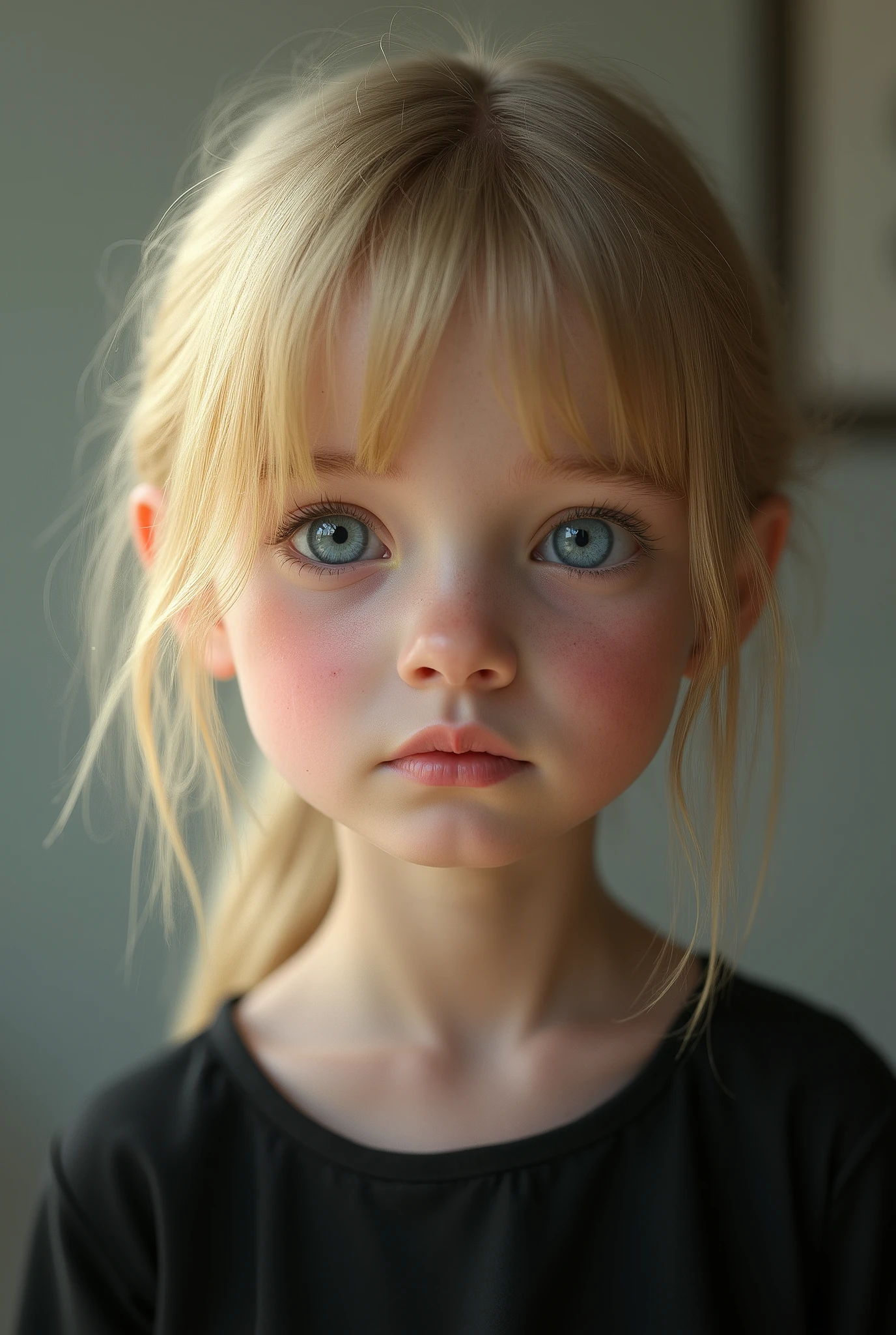 Little Girl, Straight Hair, Blue Eyes, Blonde Hair wearing Black Shirt