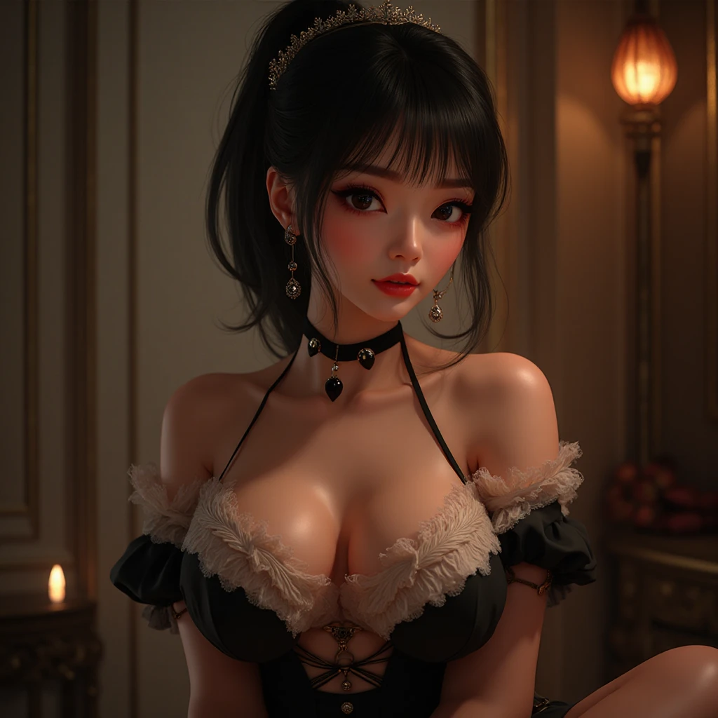 ultra detailed 8k cg, ultra realistic, masterpiece, cinematic lighting, cinematic bloom, professional photography, <lora:ChenHai:1> chenhaialz, 1girl, black hair, breasts, solo, large breasts, hair ornament, dress, black dress, bare shoulders, looking at viewer,