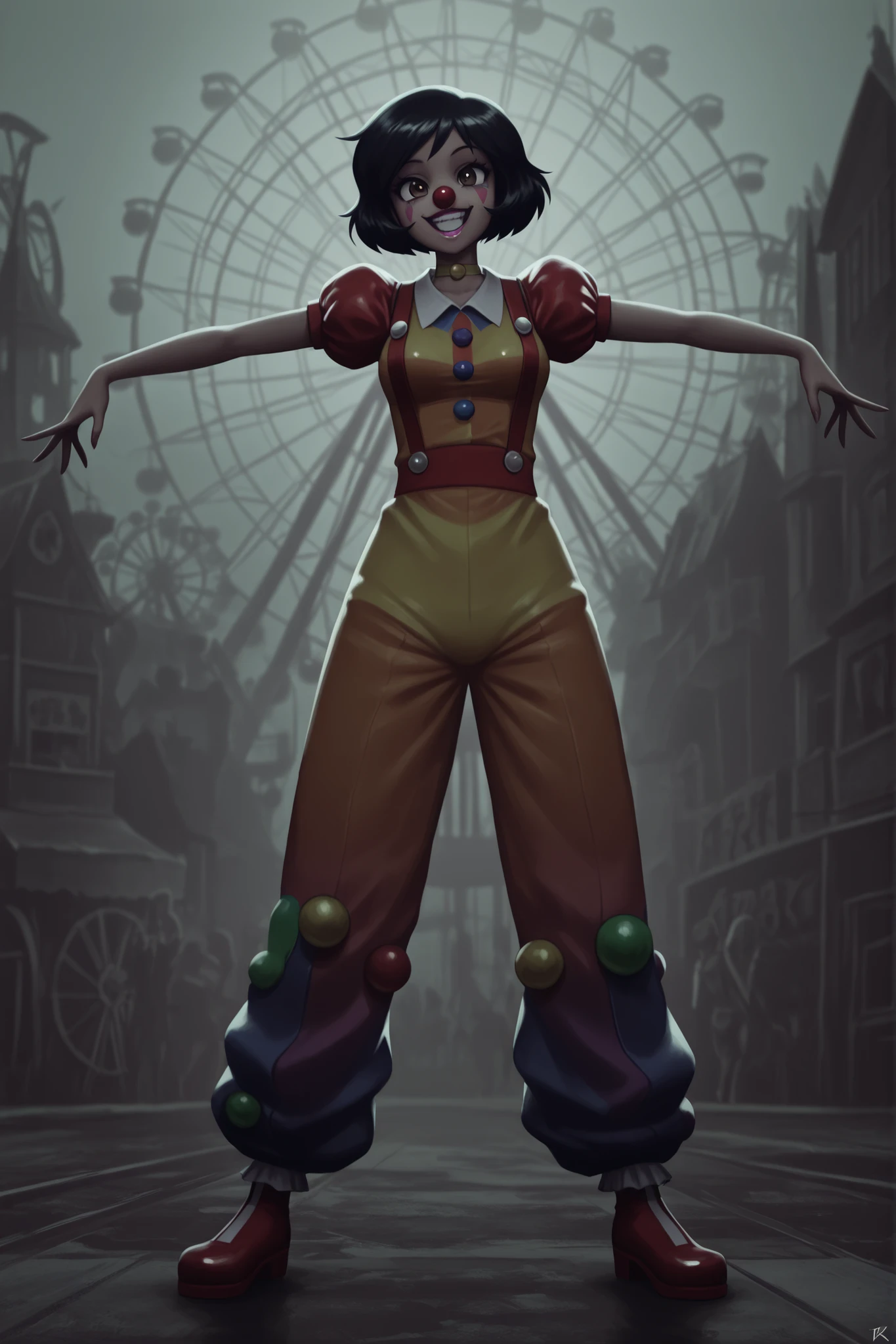 masterpiece, best quality, good quality, cartoon, totally_spies_2k24 alex, black hair, short hair, brown eyes, dark-skinned female, pink lips, medium breasts, choker. | masterpiece, , old amusement park, creepy clown, 1girl, female clown, evil, ferris wheel, carnival, rides, foggy, solo, abandoned amusement p4rk, monster clown, female focus,fun house, clown outfit, baggy pants, big clown nose, monster, detailed face, horror \(theme\), silent hill \(series\), suspenders, puffy sleeves, rainbow pattern, monster pose, full body, open mouth, wide grin, Clown, laughing, 