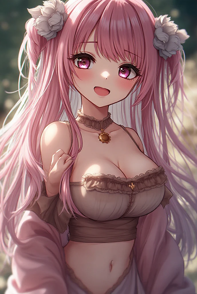 anime (🦊 fox ears, enchanting pink hair, lace nightgown, focused on ample bosom, ample bosom,