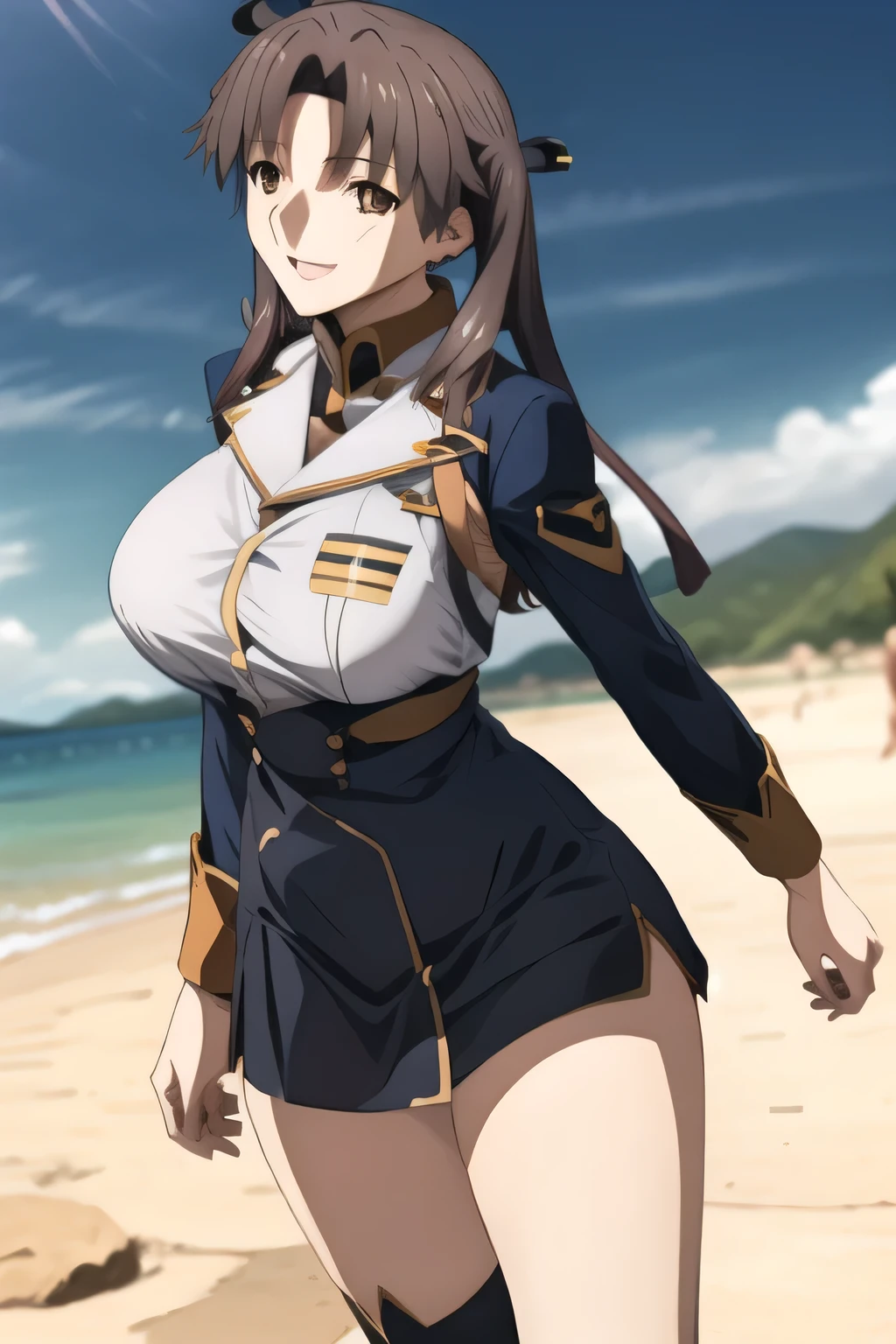 dark-haired woman with twin tails ,smiling Yang,Military uniform、Draw a slim woman with sleeveless and big bust,Big Breasts Celebrity Outfits,Wears gold accessories,、 with big breasts、Draw a lightweight slim woman {X},、Miniskirt,Wear thigh-high stockings on both legs,boots,,long black hair,smiling Yangのヤン,A woman gazing at the ocean,、Don't trim to the top of your face,Yang's smiling human hands and feet,big breasts but thin waist,amazing thighs ,Beautiful legs,,Anime CG, Sunny,Blue Sky,smiling Yangのヤンの爆乳セレブ美人, ,seen from below,Miniskirtから水色パンティが透けてはっきり見える,amazing thighs ,Beautiful legsと with big breasts美しい女性,