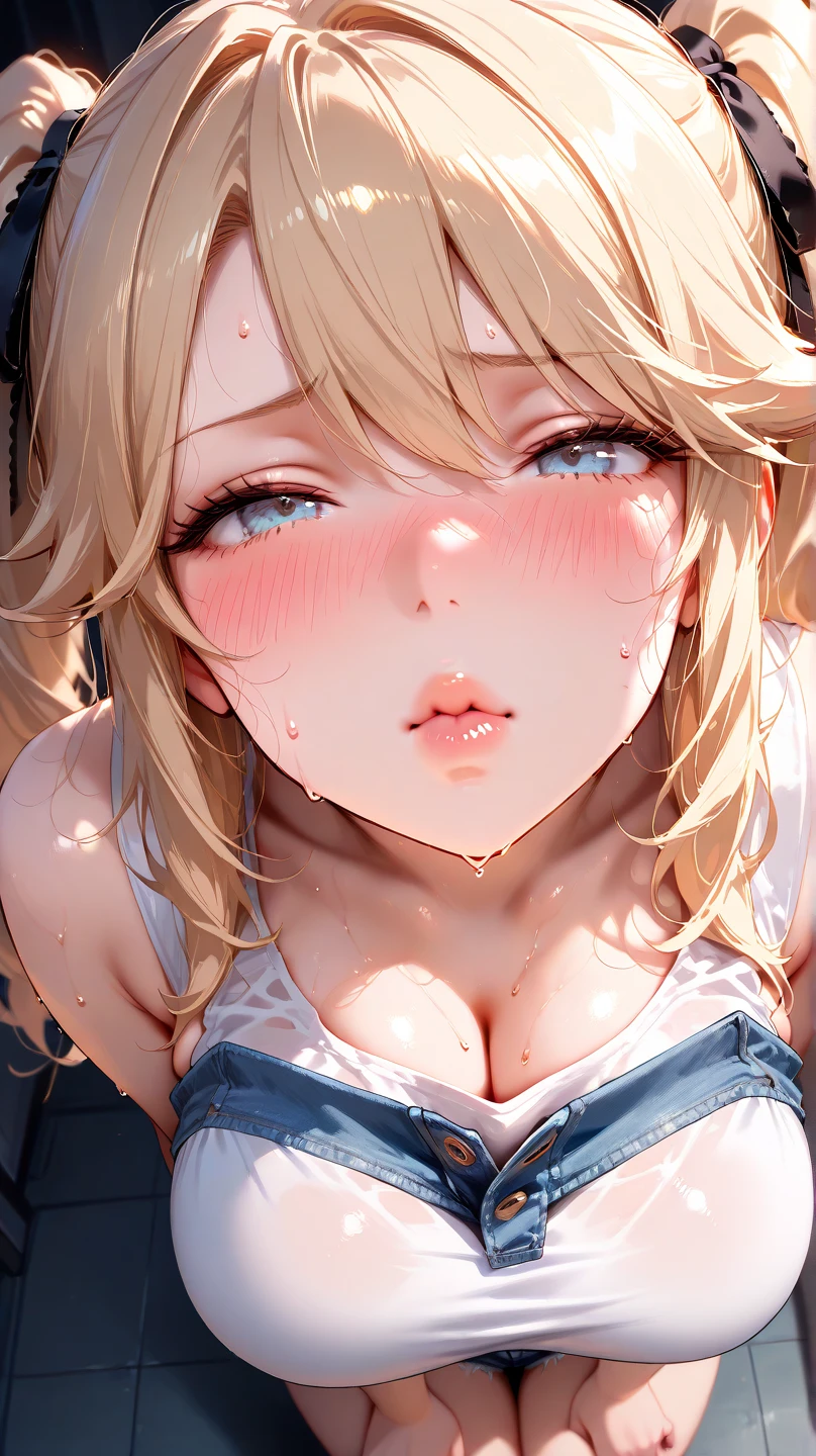 1girl,Thighs,pov,face,Open mouth,Tongue out,light hair,light eyes,(competition_school_swimsuit:1.5),medium breasts,Impossible,tight skin,shiny skin,masterpiece, best quality, very aesthetic, absurdres,front view,looking at viewer,oral,
