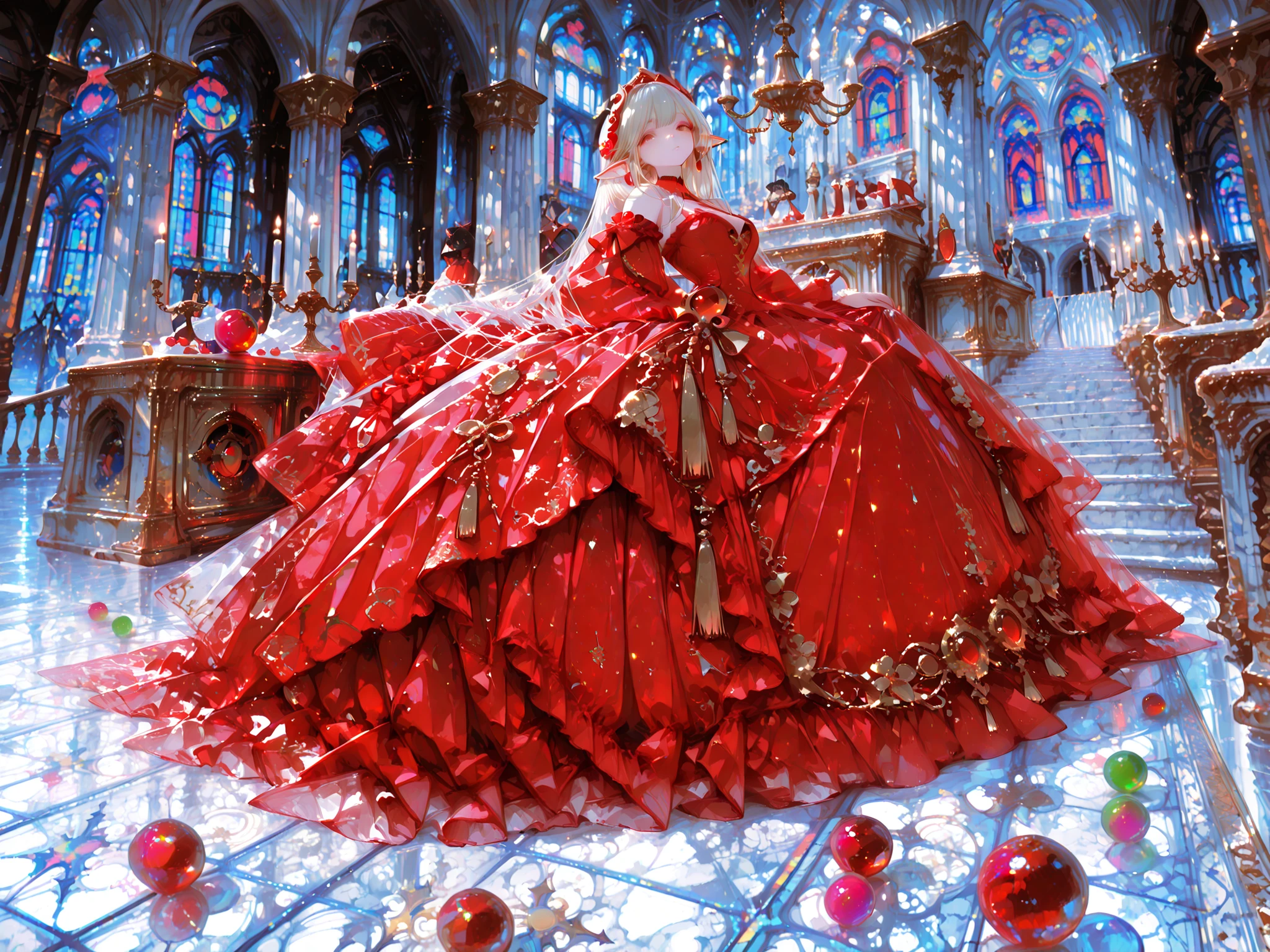 Best Quality, masterpiece, 8K resolution, beautiful aristocrat elf woman, colorful red ball gown, Gold embroidery, gothic cathedral interior, stained glass window, marble column, chandelier, elegant pose, long staircase, old-fashioned atmosphere, Dramatic Lighting, rich color, Perfect Composition, widescreen for wallpapers