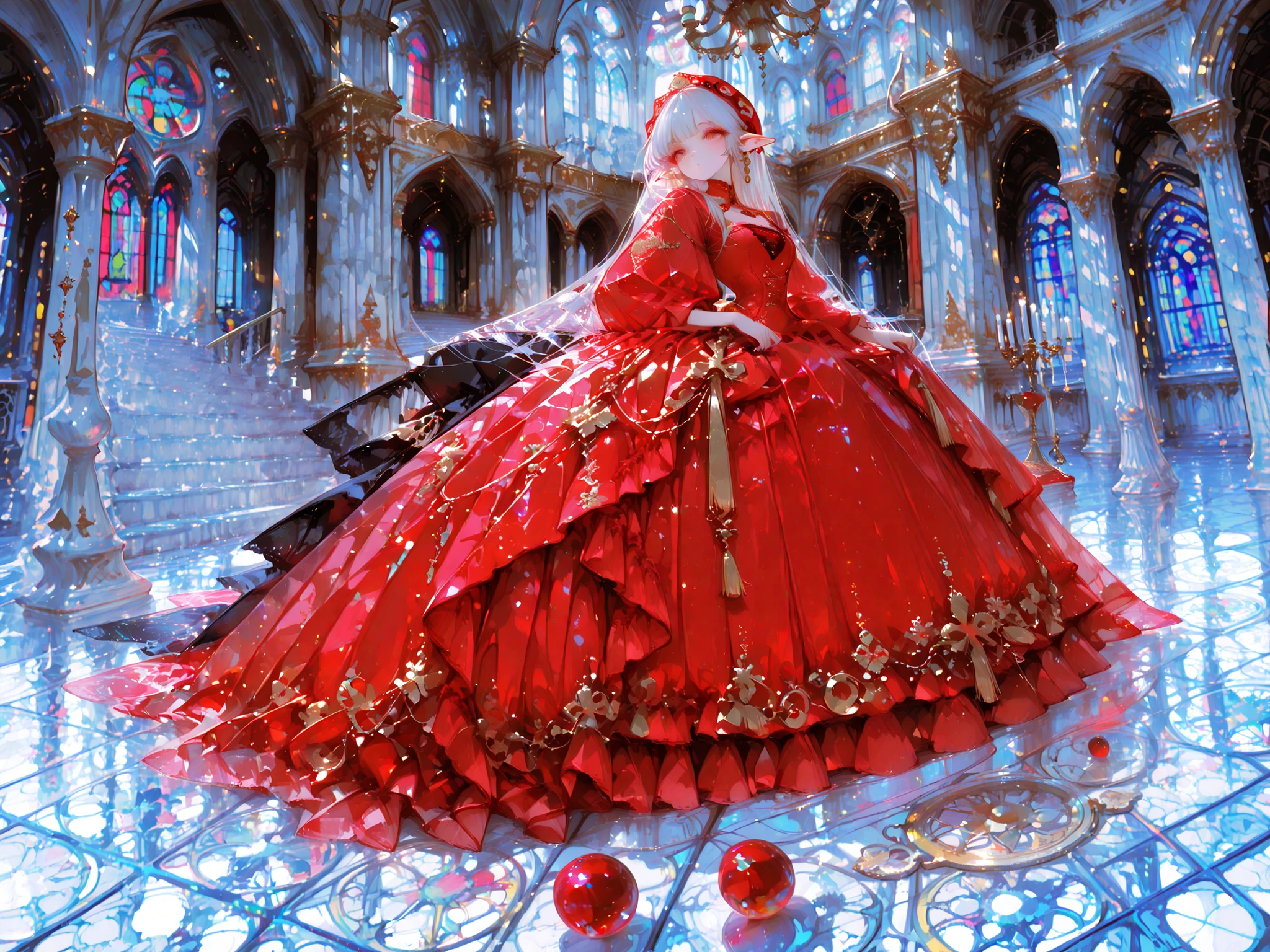 Best Quality, masterpiece, 8K resolution, beautiful aristocrat elf woman, colorful red ball gown, Gold embroidery, gothic cathedral interior, stained glass window, marble column, chandelier, elegant pose, long staircase, old-fashioned atmosphere, Dramatic Lighting, rich color, Perfect Composition, widescreen for wallpapers