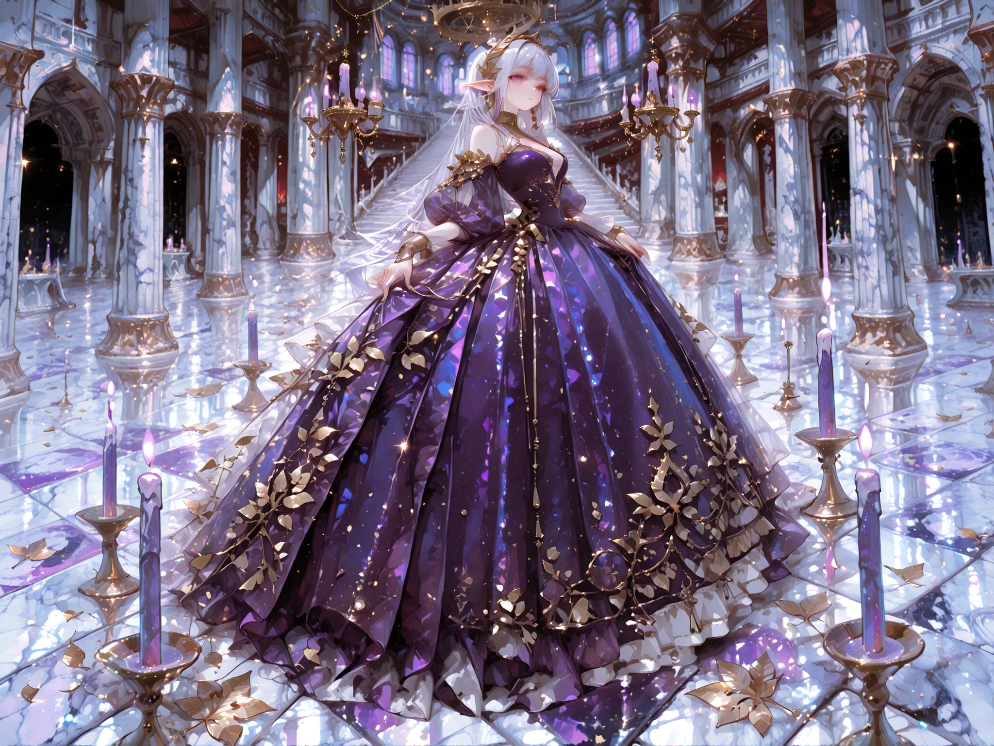 Superb Quality, detailed description, Perfect Resolution, Mysterious elf Woman, Purple Evening Dress, Ornate Jewelry, Castle Dance Hall, Huge Chandeliers, marble floor, gold leaf decoration, Magnificent Pillars, Elegant interior decoration, Fantastic Lights, Old-fashioned Atmosphere