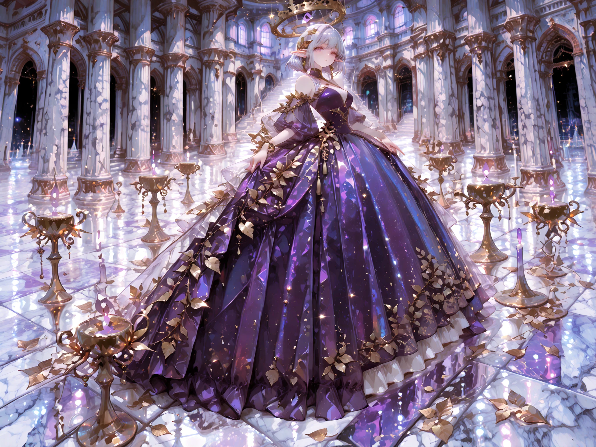 Superb Quality, detailed description, Perfect Resolution, Mysterious elf Woman, Purple Evening Dress, Ornate Jewelry, Castle Dance Hall, Huge Chandeliers, marble floor, gold leaf decoration, Magnificent Pillars, Elegant interior decoration, Fantastic Lights, Old-fashioned Atmosphere