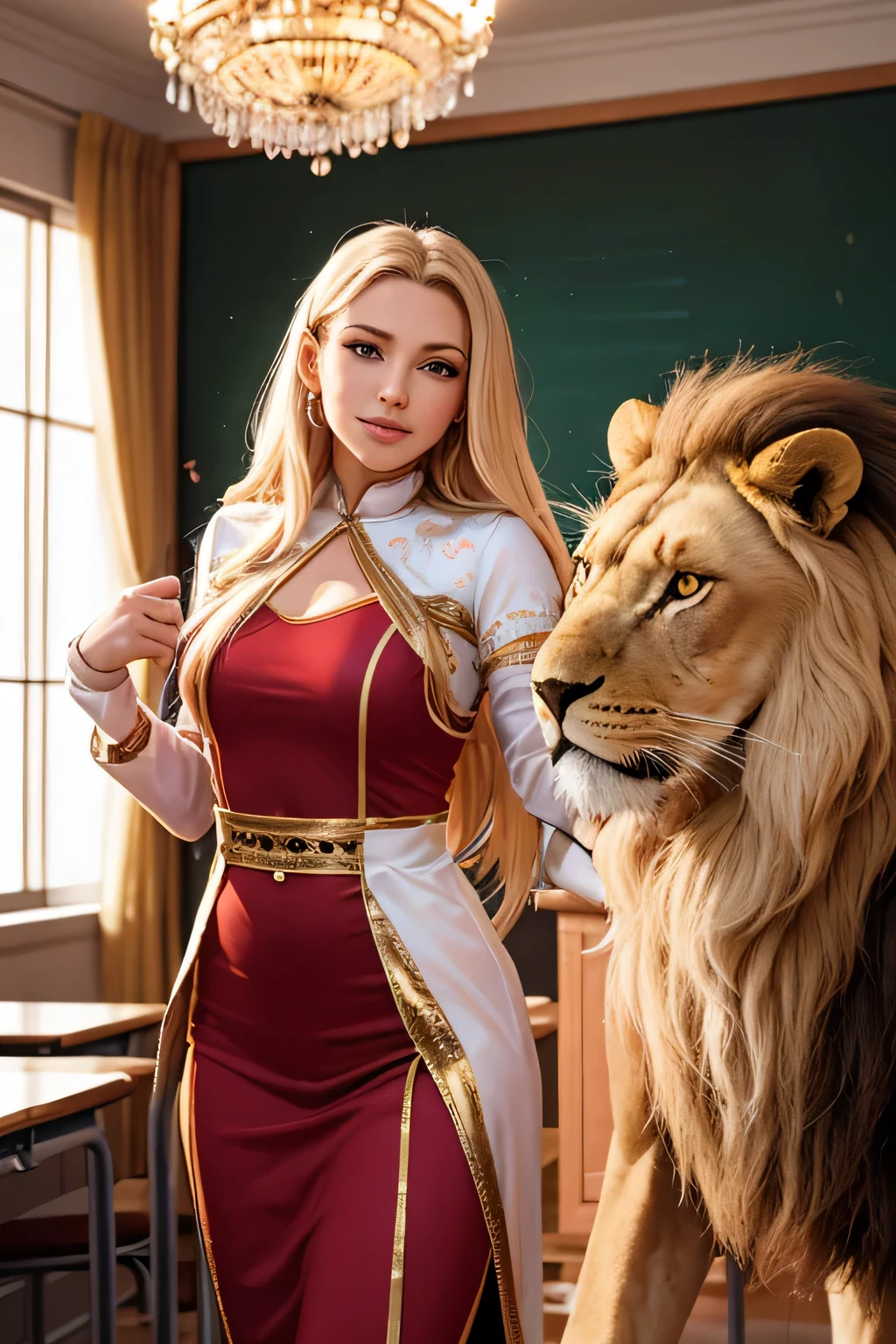 woman with long blond hair,a woman in a circus celebrity costume,has picked up a lion,can you draw a woman who is good friends with a lion，standing in the teacher's house，is at the circus venue，The woman who hosts the circus，