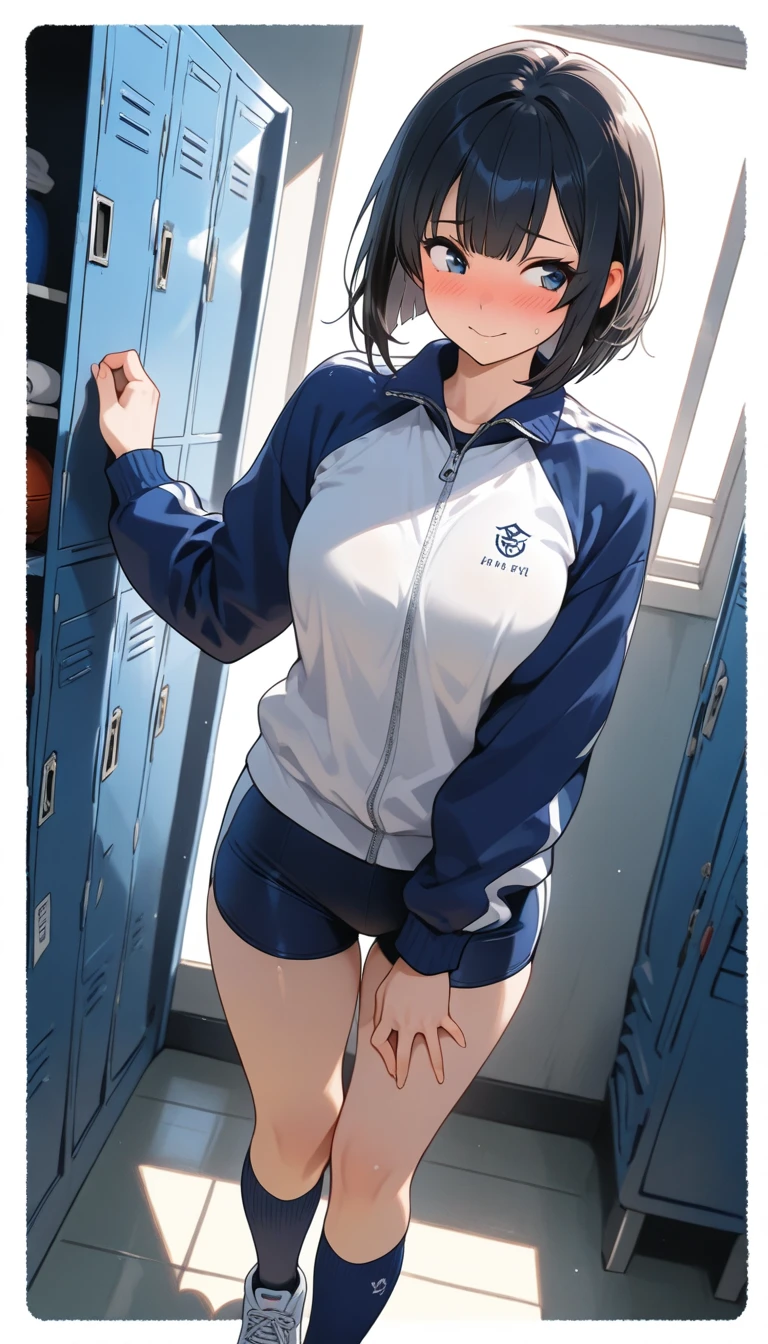 (Beautiful Girl : 1.3),1 girl,(white gym clothes,long sleeve, navy blue bike shorts ,high socks,Sneakers,),dark haired,bob cut,Smile Yan,is embarrassed,Blush,locker room,In the shade,Dynamic Angle,masterpiece,Highest Quality,rich contrast,high image quality,8k,High Definition CG Unit Wallpaper,texture,unbelievably absurd,RAW pictures,Deep Border 1 .2,very detailed