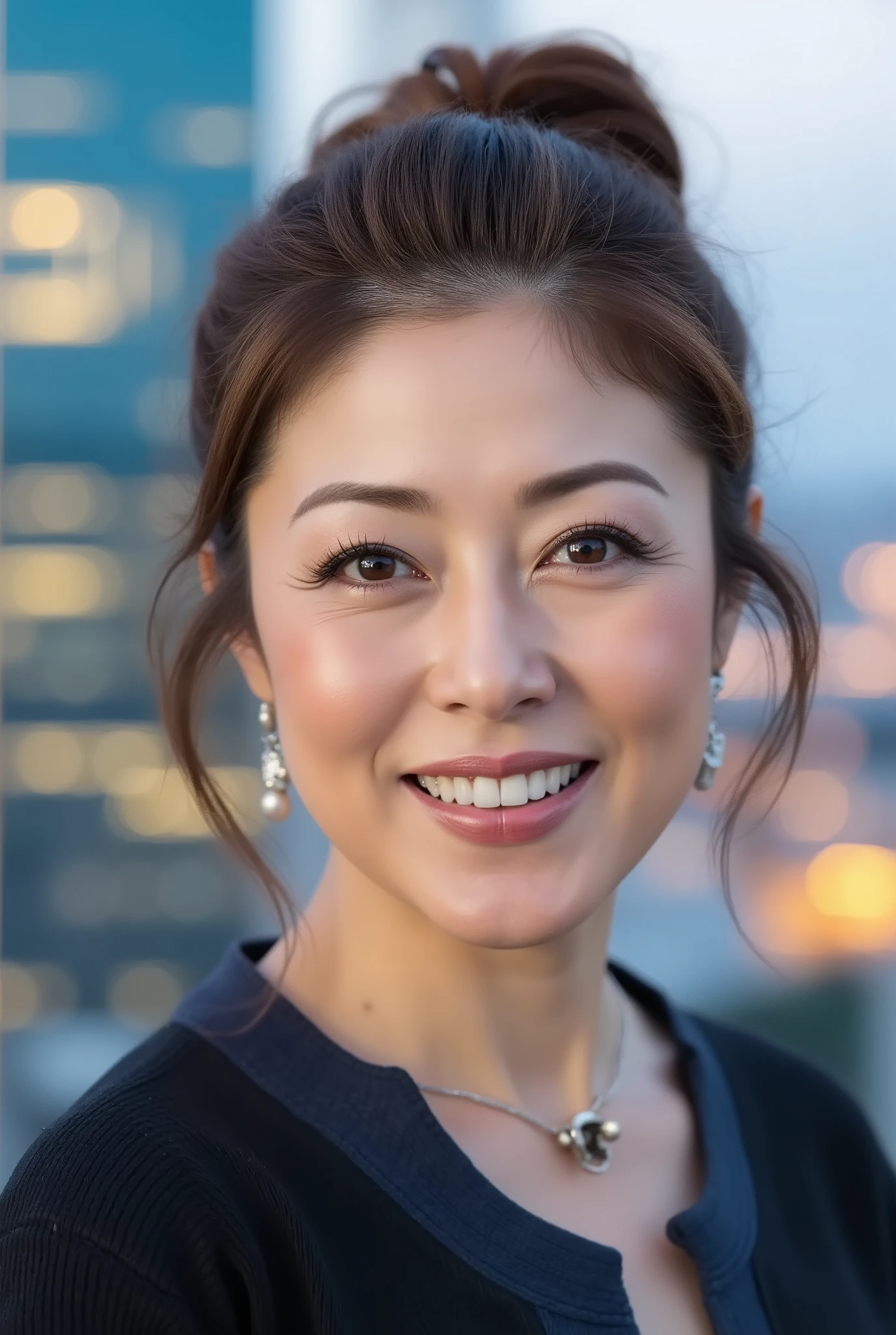 At dusk in front of a glass skyscraper, close-up of her face with tight bun hairstyle, looking directly at the camera, confident expression, city lights reflecting softly behind her.
RAW photo, Canon EOS R5, 50mm lens, f/2.2, ISO 100, shutter speed 1/160sec, high angle portrait, 48 year old Japanese mature woman, 8K detail, (Masterpiece: 1.3), (Photorealistic: 1.4)