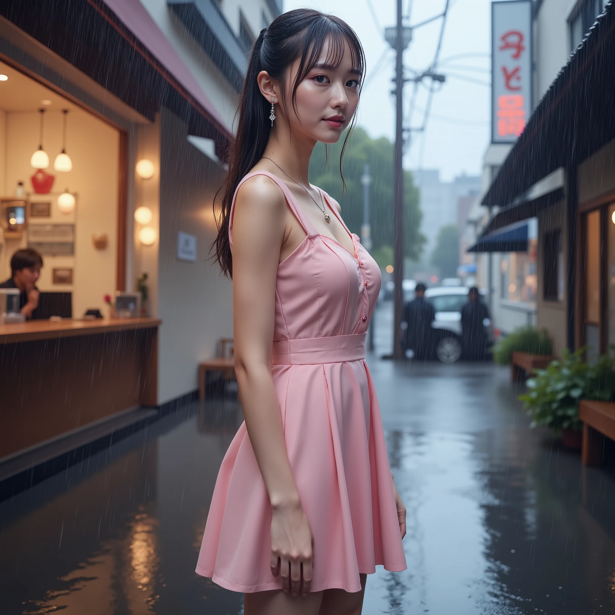 (Full body shot from a distance), (Sleeping in Front of a Cafe in Heavy Rain), (photorealistic:1.10), (full body portrait photo of a top Japanese idol taken by a professional:1.5), ((standing gracefully wet:1.8)), wet in the rain, Dress Wet in the Rain, Beautiful girl with wet hair , BREAK, stylish summery pink A-line dress, well-balanced slim slender body, Dramatic Movie Lighting , ultra clear focus, clear focus, BREAK, Glowing purple eyes, long ponytail, legs are long and toned, Rain Shelter Background, Perfect, Beautiful, Realistic Skin, Elegant and Calm Expression, Beautiful, and Beautiful Realistic Skin , Visually Balanced, Highly detailed face and body, realistic F-cup nice chest proportions, Symmetrical facial features, Japanese idol,