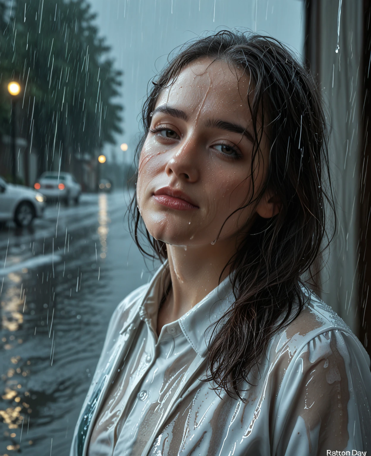 Russian girl, looking up, eyes closed, open mouth, white shirt, unbuttoned, clean face, no makeup, natura, wet, rain, portrait, 50 mm