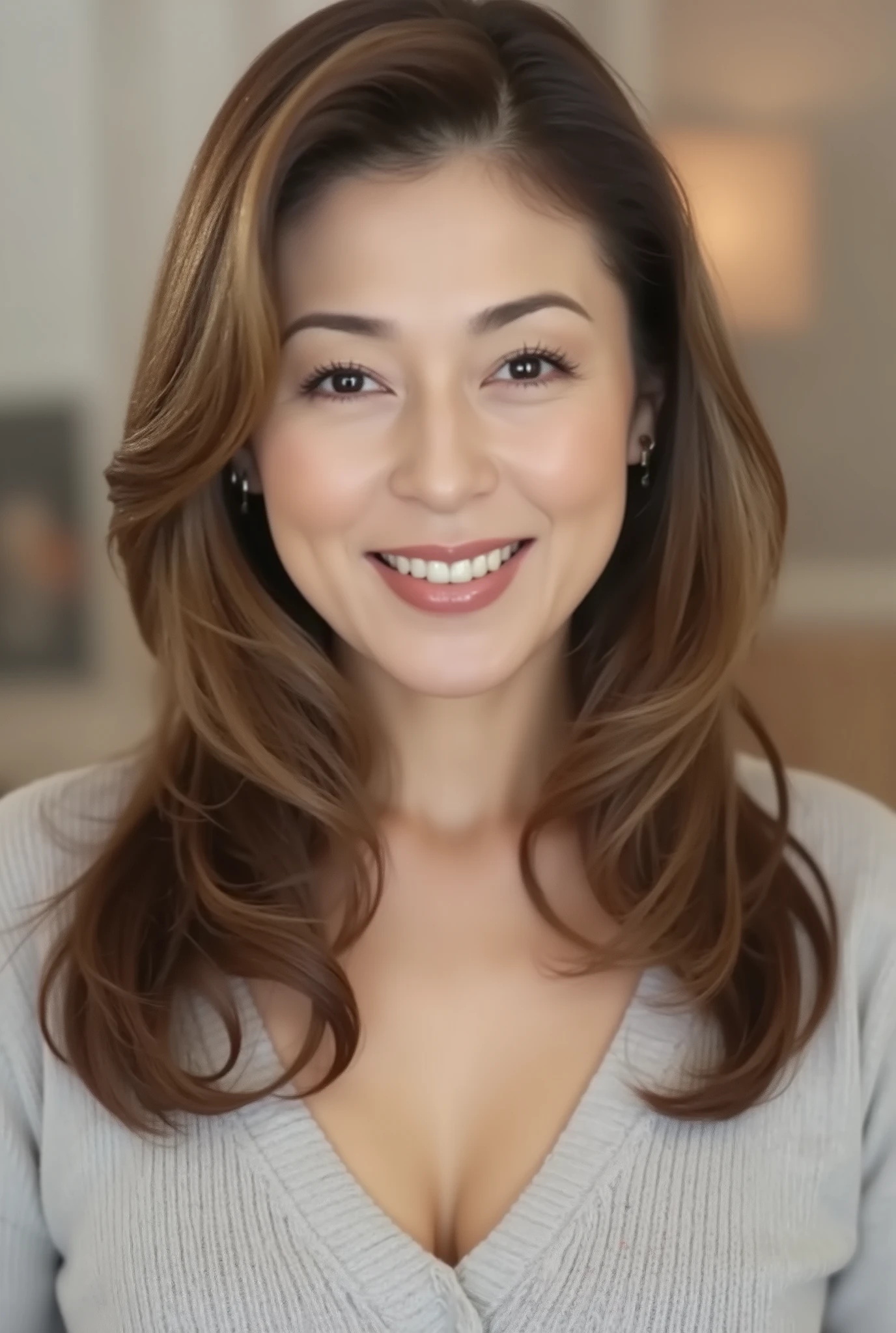 ((mature female:1.3)), (hair), (detailed description of the face), (Detailed description of the body),high resolution, masterpiece, Highest Quality, (High Details, formal: 1.4), (visible: 1.2), (Sharp Focus: 1.4), depth of field holding fish, physically-based rendering with high artistic value, Sadistic, (ultimate beauty), ((48 years old,: 1.4)),Japanese、((close-up:1.5))、((fine lines of laughter:1.2))、(big breasts:1.2),sweater、(Lipstick:1.1), (eyeliner:1.2), mascara, eyeshadow,