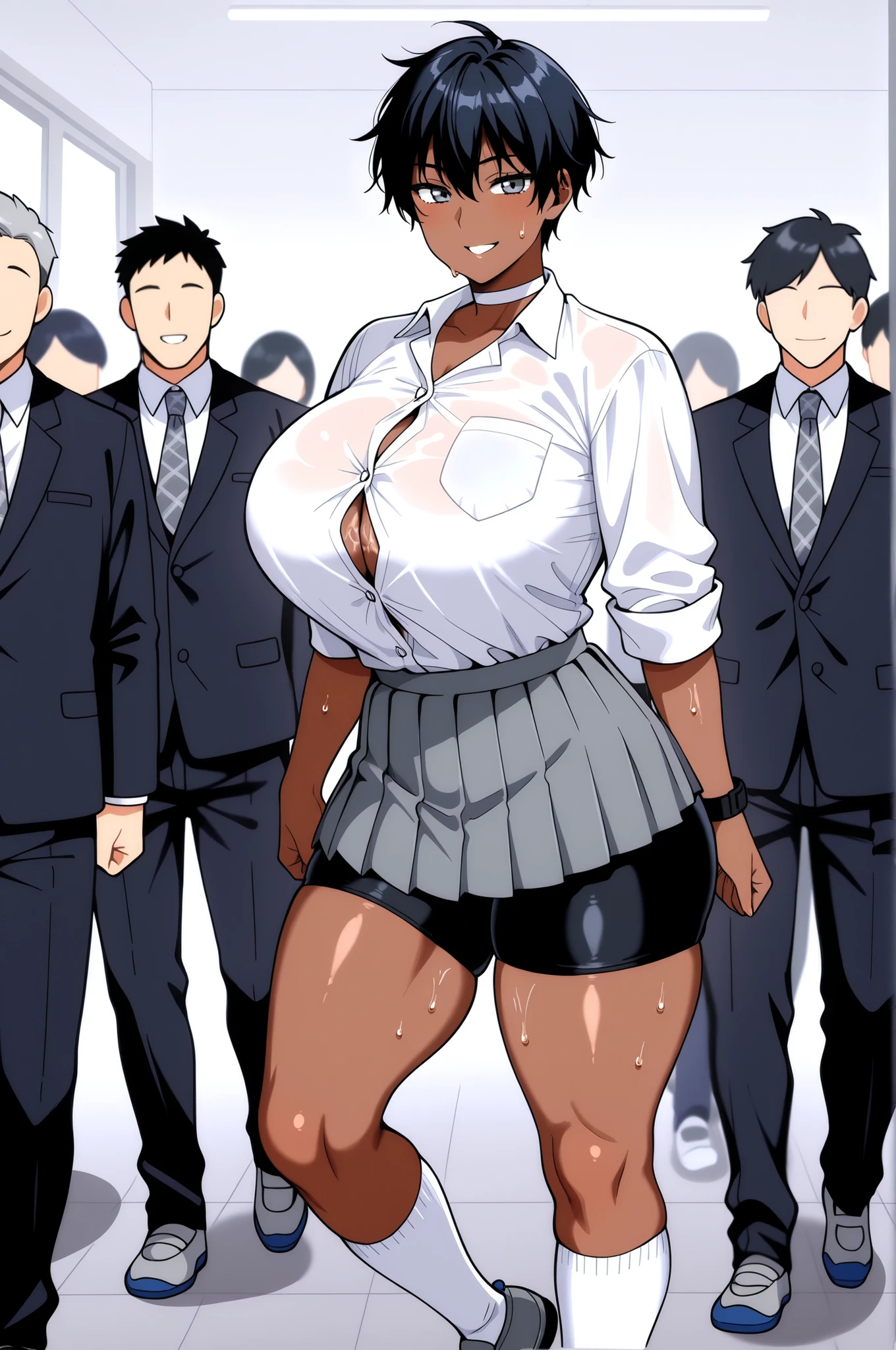 Highest Quality、Highest Image Quality、masterpiece、beautiful line art、animation、solo、womanhood１people, (black hair color)、very short hair、boyish hair、has bangs and is making a small scream、takamine ayako、 watch, (gray eyes)、(slightly darker brown skin)、Smile Yan、looking at this、(light pink lipstick: 0.6)、big boobs、(Tightened a little)、(A little muscular: 0.8)、thick thighs、Safe delivery body type 、 Height: 170cm、school uniform、simple white choker on the neck、(long-sleeved white button shirt with arms rolled up to below the elbow:1.3)、(Simple Grey Pleated Mini Skirt:1.3)、 (knee-length black bike shorts:1.3)、(White below-knee socks)、Grey Plaid Necktie、, white and grey sport shoes, Sweat all over body, white background、Walking in the classroom 
