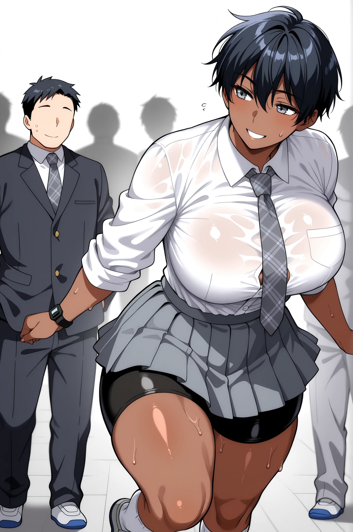 Highest Quality、Highest Image Quality、masterpiece、beautiful line art、animation、solo、womanhood１people, (black hair color)、very short hair、boyish hair、has bangs and is making a small scream、takamine ayako、 watch, (gray eyes)、(slightly darker brown skin)、Smile Yan、looking at this、(light pink lipstick: 0.6)、big boobs、(Tightened a little)、(A little muscular: 0.8)、thick thighs、Safe delivery body type 、 Height: 170cm、school uniform、(long-sleeved white button shirt with arms rolled up to below the elbow:1.3)、(Simple Grey Pleated Mini Skirt:1.5)、 (knee-length black bike shorts:1.3)、(White below-knee socks)、Grey Plaid Necktie、, white and grey sport shoes, Sweat all over body, white background、Walking in the classroom 
