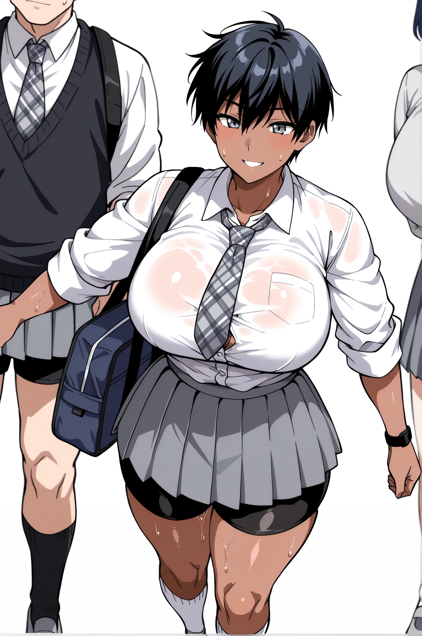 Highest Quality、Highest Image Quality、masterpiece、beautiful line art、animation、solo、womanhood1people, (黒い髪)、very short hair、boyish hair、has bangs and is making a small scream、takamine ayako、 watch, (gray eyes)、(dark brown skin)、Smile Yan、looking at this、(light pink lipstick: 0.6)、big boobs、(Tightened a little)、(A little muscular: 0.8)、thick thighs、Safe delivery body type 、 Height: 170cm、school uniform、(long-sleeved white button shirt with arms rolled up to below the elbow:1.3)、(Simple Grey Pleated Mini Skirt:1.5)、 (knee-length black bike shorts:1.3)、(White below-knee socks)、Grey Plaid Necktie、,white and grey sport shoes, Sweat all over body, Walking lightly with a dark blue bag on her shoulder,On the way to school、people影 (simple white background:1.4)、