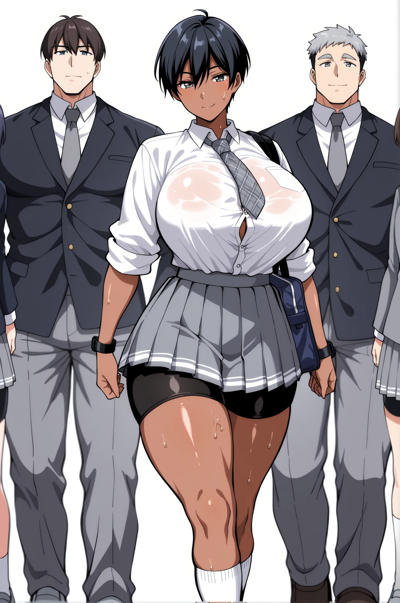 Highest Quality、Highest Image Quality、masterpiece、beautiful line art、animation、solo、womanhood1people, (黒い髪)、very short hair、boyish hair、has bangs and is making a small scream、takamine ayako、 watch, (gray eyes)、(dark brown skin)、Smile Yan、looking at this、(light pink lipstick: 0.6)、big boobs、(Tightened a little)、(A little muscular: 0.8)、thick thighs、Safe delivery body type 、 Height: 170cm、school uniform、(long-sleeved white button shirt with arms rolled up to below the elbow:1.3)、(Simple Grey Pleated Mini Skirt:1.5)、 (knee-length black bike shorts:1.3)、(White below-knee socks)、Grey Plaid Necktie、,white and grey sport shoes, Sweat all over body, Walking lightly with a dark blue bag on her shoulder,On the way to school、people影 (simple white background:1.4)、