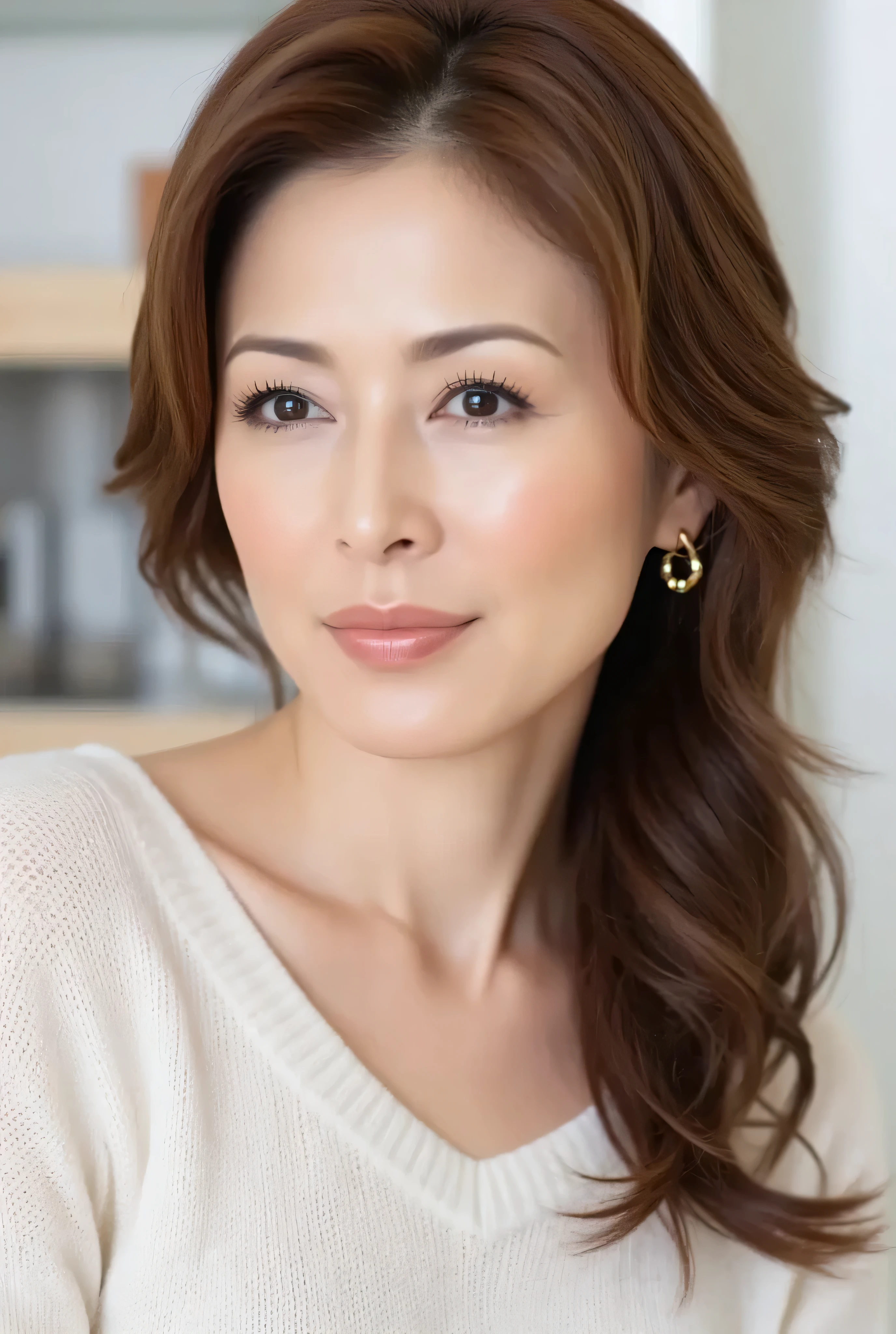 ((mature female:1.3)), (hair), (detailed description of the face), (Detailed description of the body),high resolution, masterpiece, Highest Quality, (High Details, formal: 1.4), (visible: 1.2), (Sharp Focus: 1.4), depth of field holding fish, physically-based rendering with high artistic value, Sadistic, (ultimate beauty), ((48 years old,: 1.4)),Japanese、((close-up:1.5))、((fine lines of laughter:1.2))、(big breasts:1.2),sweater、(Lipstick:1.1), (eyeliner:1.2), mascara, eyeshadow,