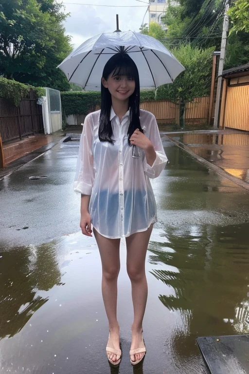 Petite girl at 14 years old,White teeth,Delighted,being thin,Skinny Legs,((Aside)),a small face,Black eyes,is standing,sockes,sea side,((full bodyesbian)),((very Bigger breasts)),((Light shirt)),((Wet in the rain)),((Innocence)),((Clear face)),A dark-haired