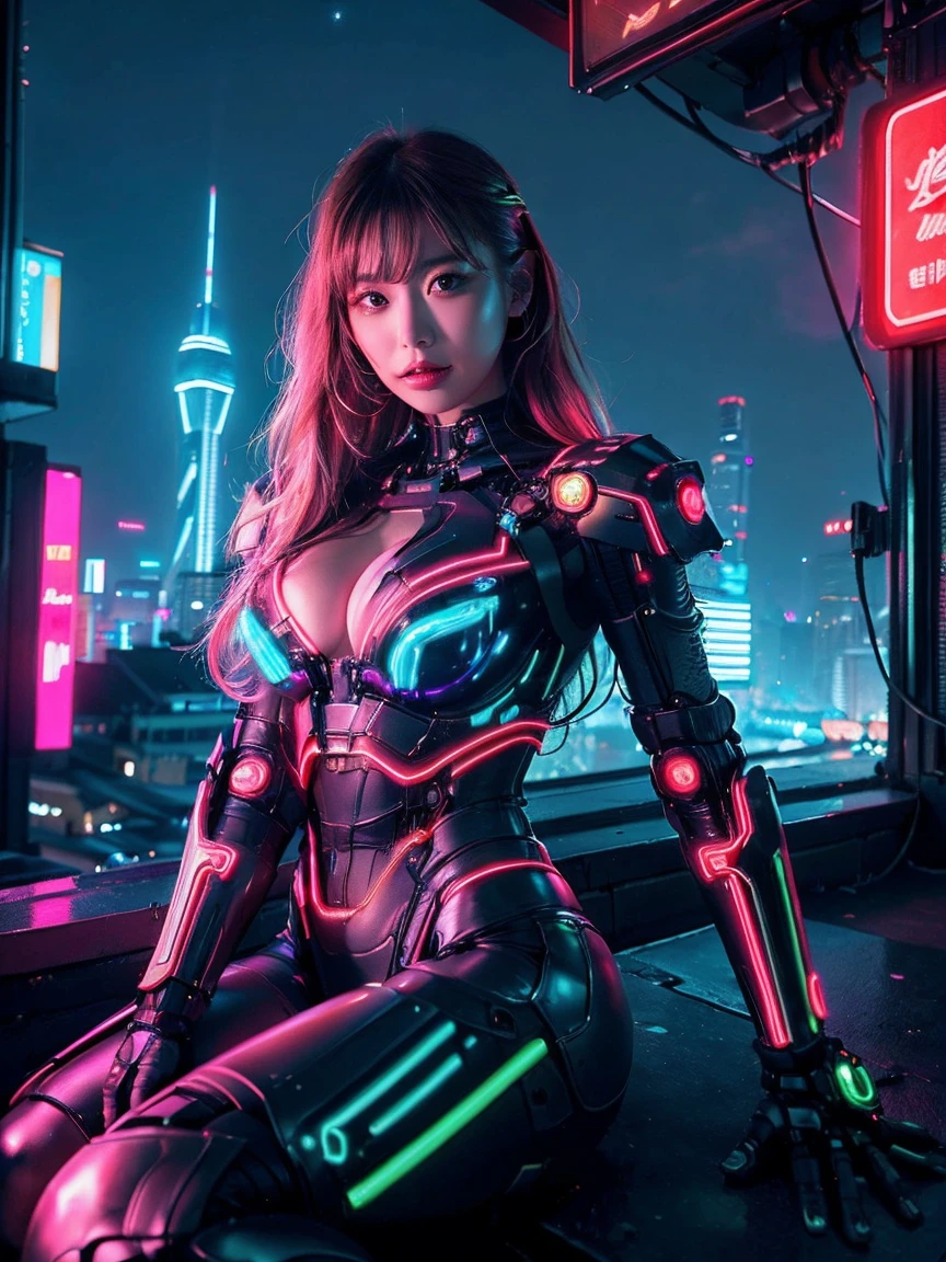realistic、Super realistic、32k、Super detailed、masterpiece, highest quality, 1 girl, beautiful girl, beauty、small breasts, Mecha, beautiful lighting, (neon light:1.2), (night:1.5), cyberpunk costume、sitting,Cyber Neon、future city、Skyscraper、都会のnight、Shanghai