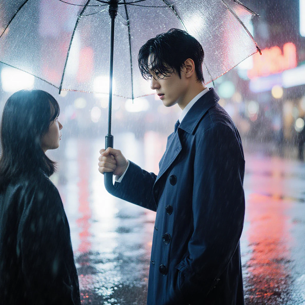 Midnight Umbrella Exchange
Prompt: A 28-year-old Korean man with sharp jawline, wet black hair clinging to his forehead, wearing a navy trench coat. He offers his umbrella to a stranger under neon-lit rain. 32K ultra-detailed masterpiece, reflections on wet pavement, cinematic angle