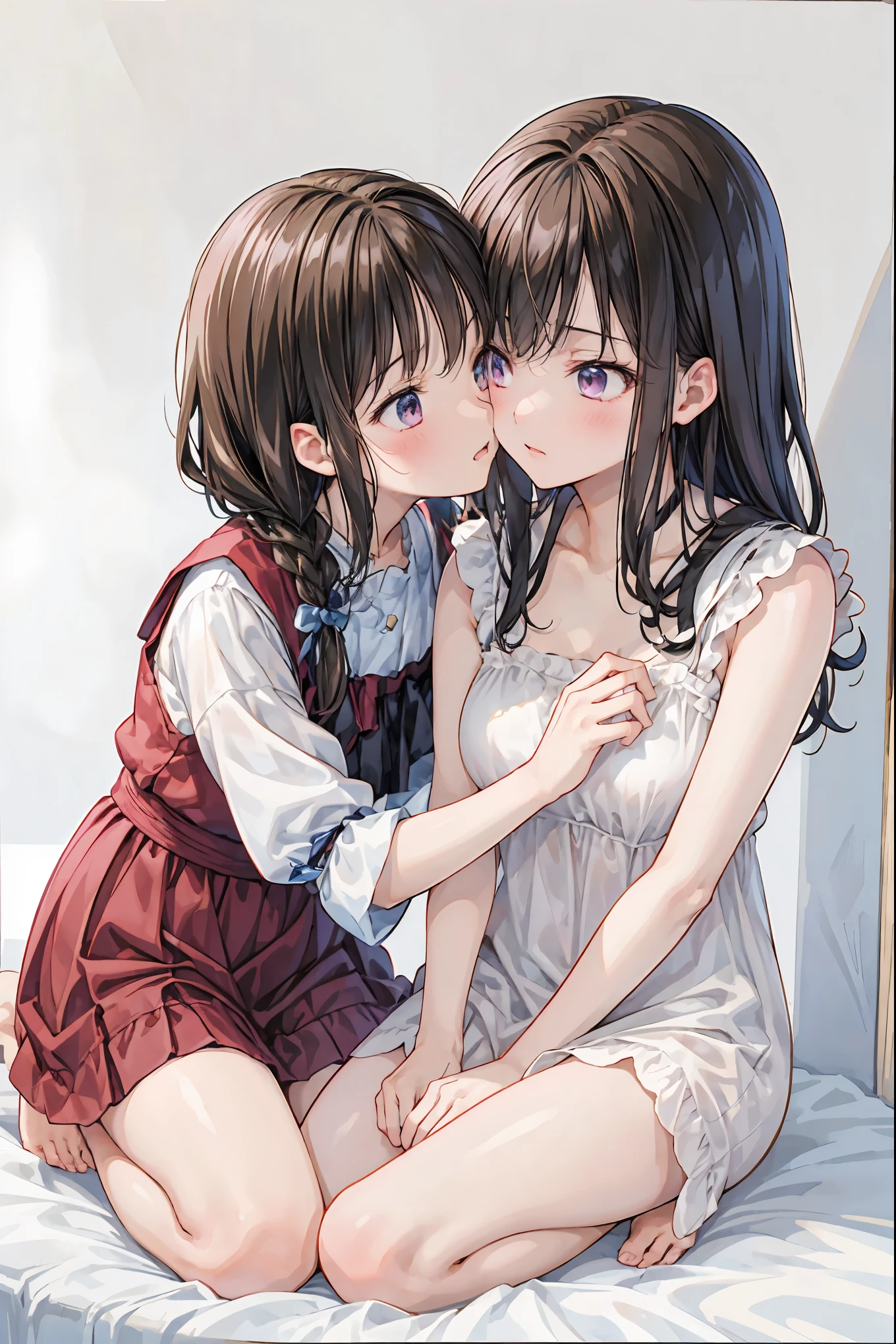 How to sit a girl，Depth of written boundary, delicate eyes, full hand, 余分な手feetなし，arm２Book，feet２Book，distinct nose bridge，fine skin、Smooth、perfect beauty、((small breasts))、thin，((Natural style))，brown hair、Book当に美しい、beautiful profile，perfect style，Ahegao，((boyish clothes))，shortcut，hotel room，big window，on the bed，lighting dark，１put your wrist on top of someone２Book，１人にfeet首２Book，my face turned red，Don&#39;Do not fold your hands，feetは組まない，((Kiss between girls))，((All nude))，((deep kiss))，((cloudy eyes))、((Crotch fingers))、((suck nipples))、((正確な手feetの数))、((gasp))