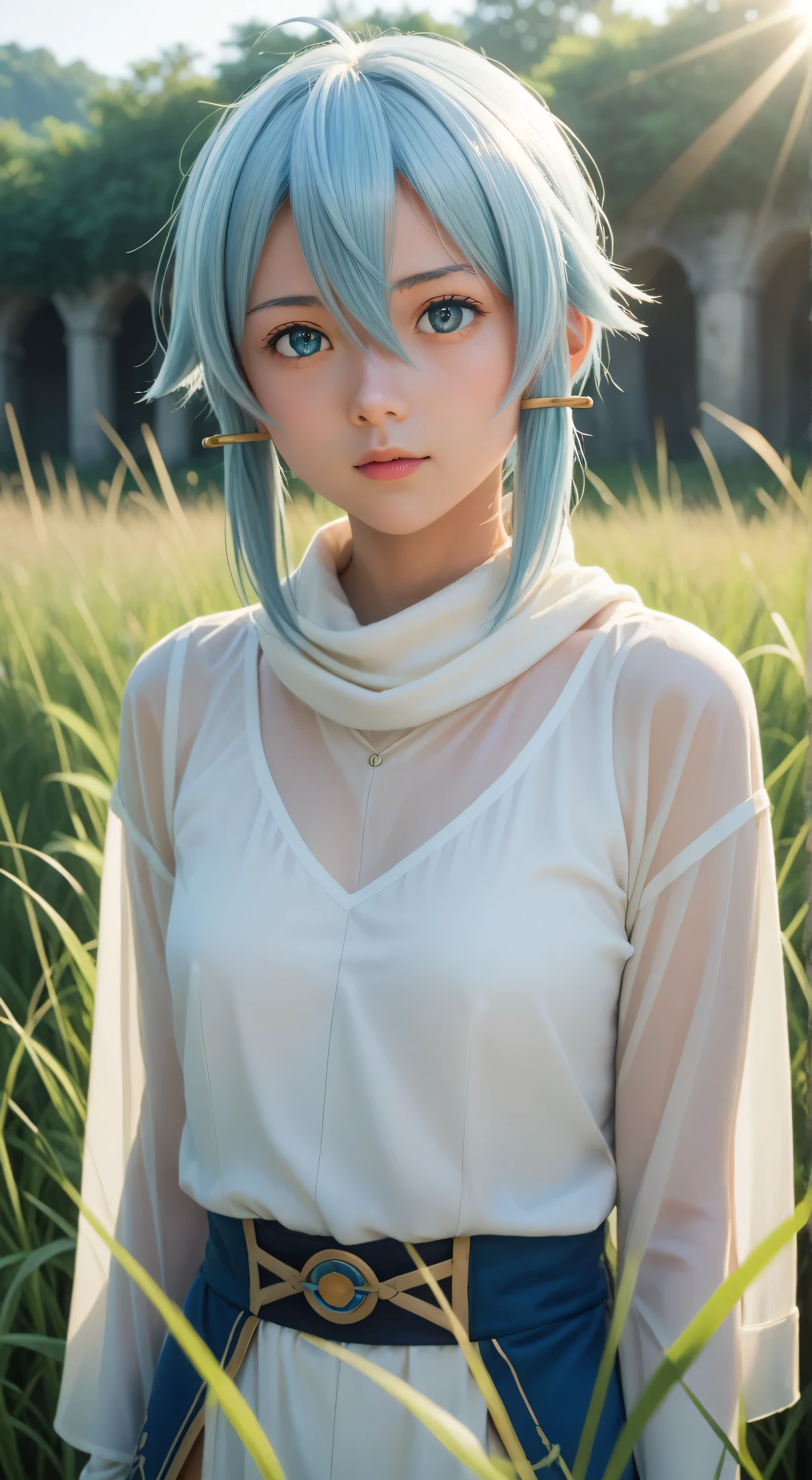 1girl, solo,asada shino,blue eyes,blue hair,hair between eyes, short,outdoors,potrait,small breast,nature,standing under ruins,sidelocks,(sunset lighting:1.5),red sunset,looking at viewer, front view,close up,white scarf, arm warmers,black glove,(tall grass background:1.5),close up,(sheer shirt:1.5)