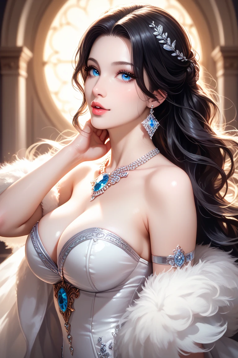 ultra realistic 8k game CG, masterpiece, sunlight, high quality, pale skin, huge breasts, (pussy, pussy juice), puffy nipples, large areolae, huge nipples, cleavage, symmetry, milf, nsfw, nude, uncensored, arms behind head, absurdly long black hair, blue eyes, fantasy, divine goddess, royal palace,looking at viewer, portrait,from side,rich, prestige, golden jewelry, gem, glint, cinematic lighting, cinematic bloom, soft lights,upper body,parted lips,(masterpiece:1.4),(best quality:1.4),(shiny skin),realistic